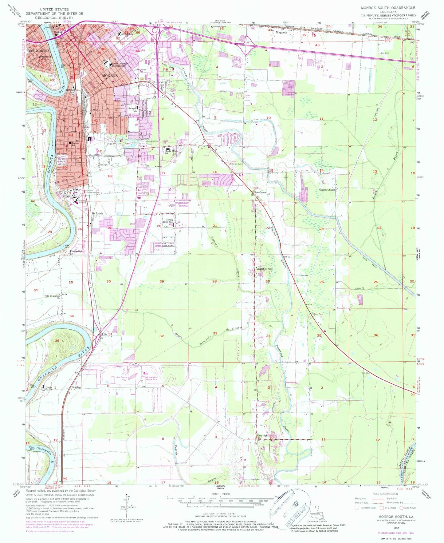 Classic USGS Monroe South Louisiana 7.5'x7.5' Topo Map Image