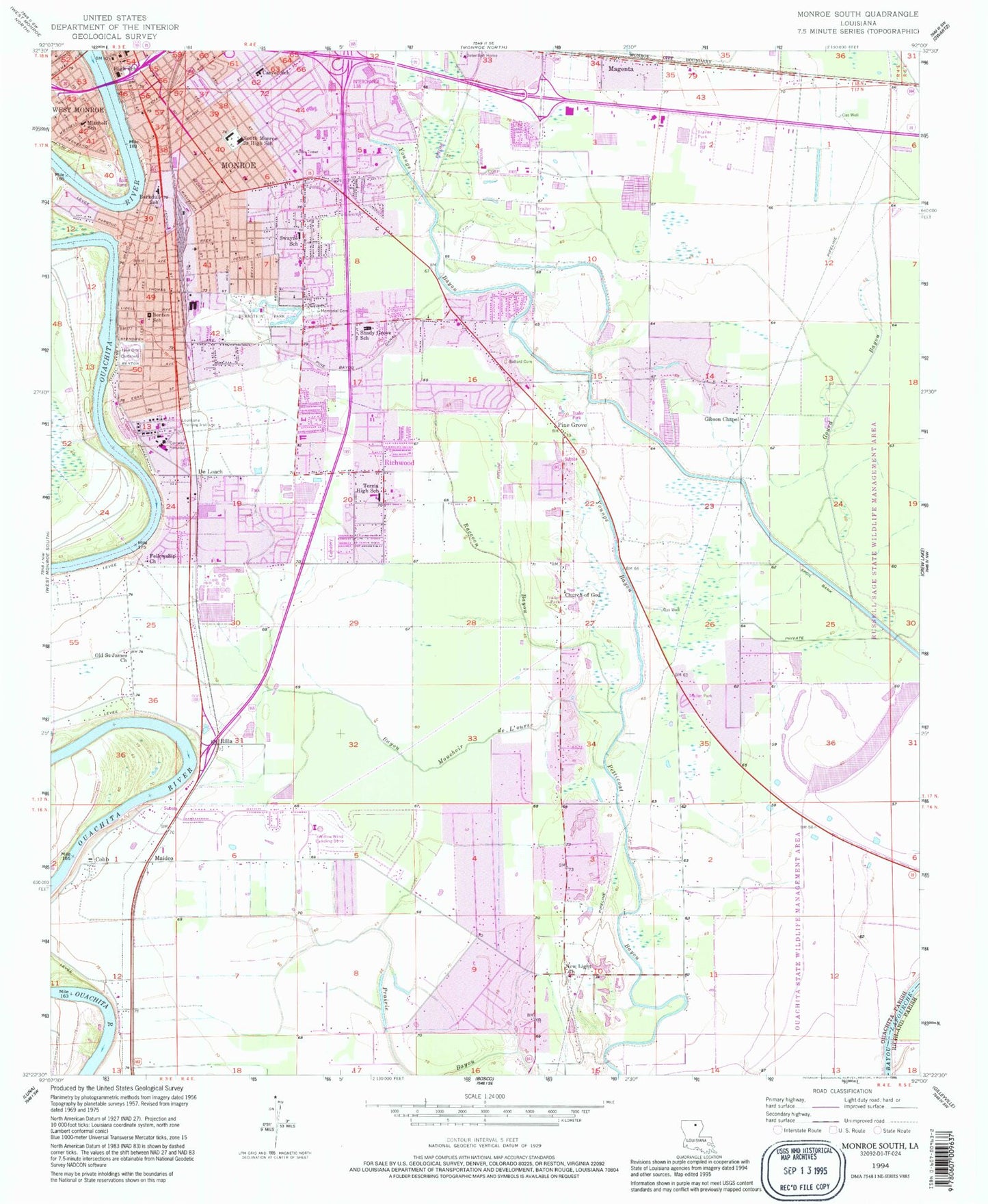Classic USGS Monroe South Louisiana 7.5'x7.5' Topo Map Image
