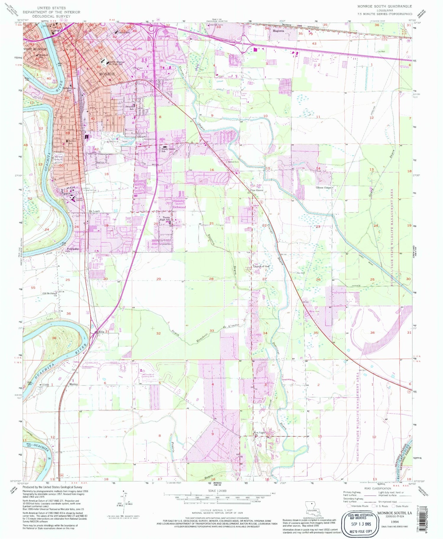 Classic USGS Monroe South Louisiana 7.5'x7.5' Topo Map Image