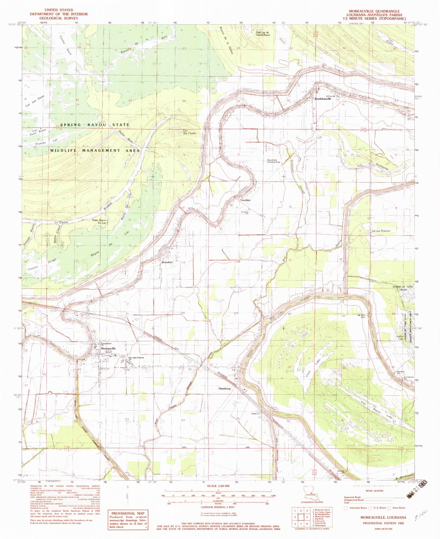 Classic USGS Moreauville Louisiana 7.5'x7.5' Topo Map Image