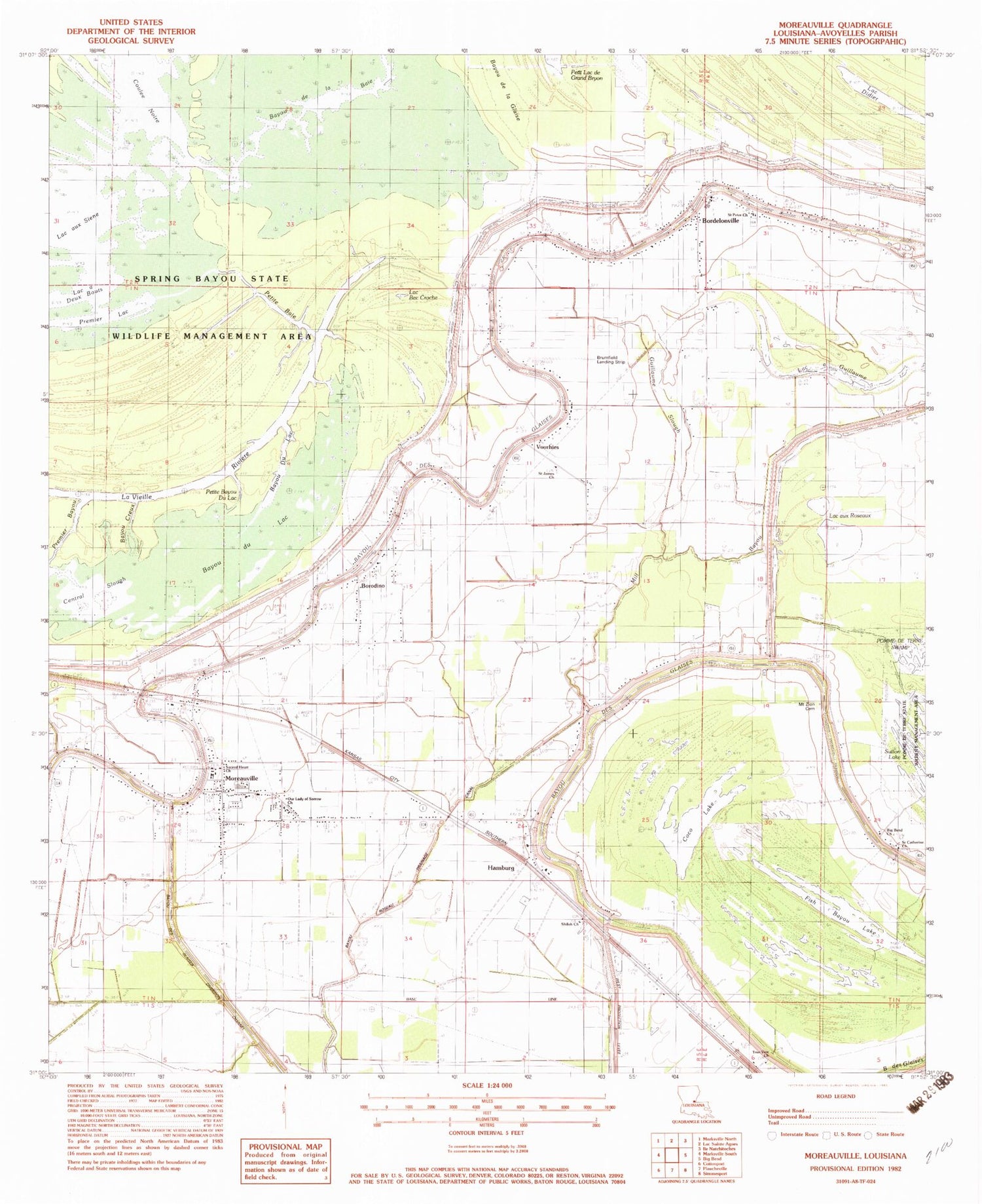 Classic USGS Moreauville Louisiana 7.5'x7.5' Topo Map Image