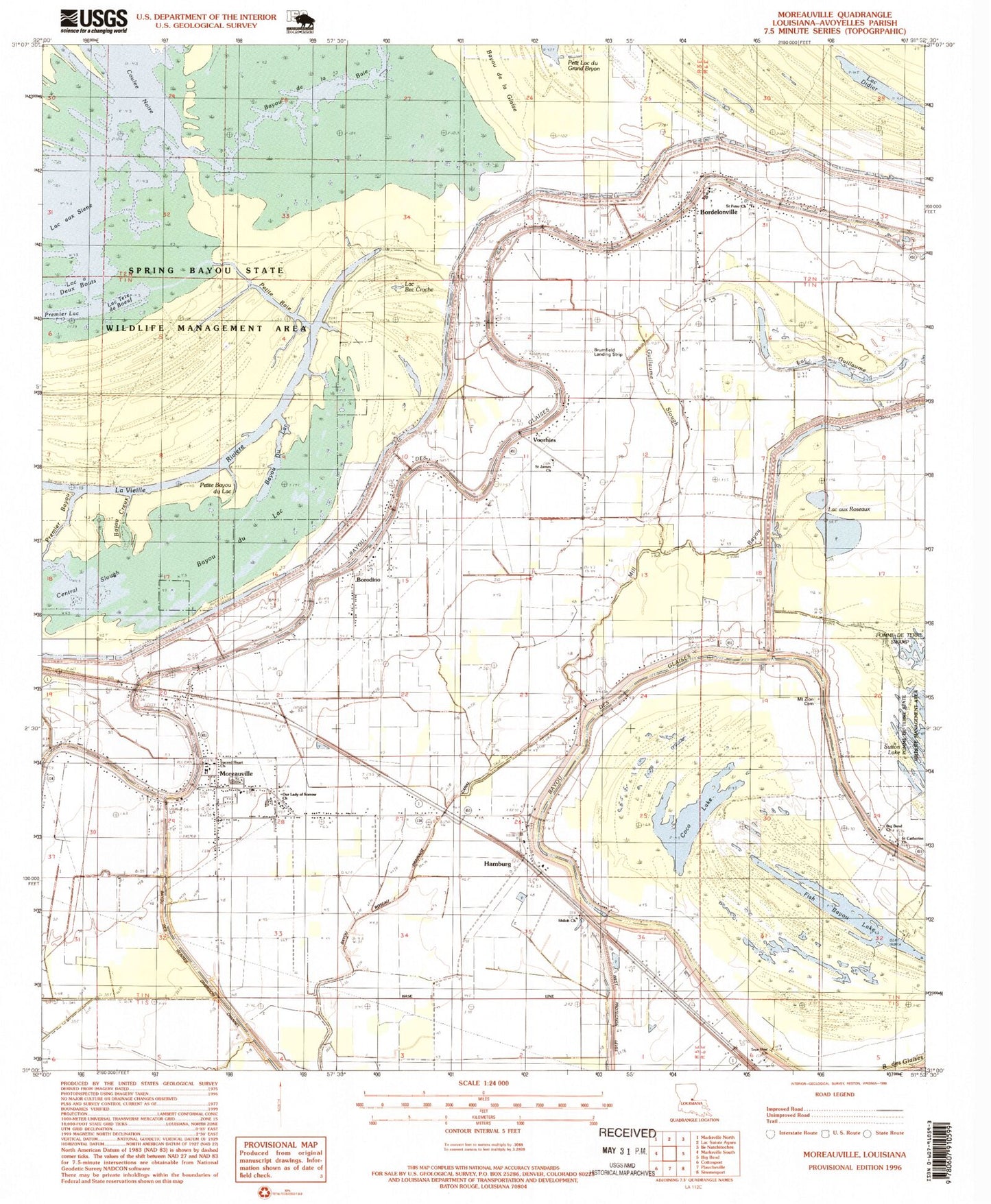 Classic USGS Moreauville Louisiana 7.5'x7.5' Topo Map Image