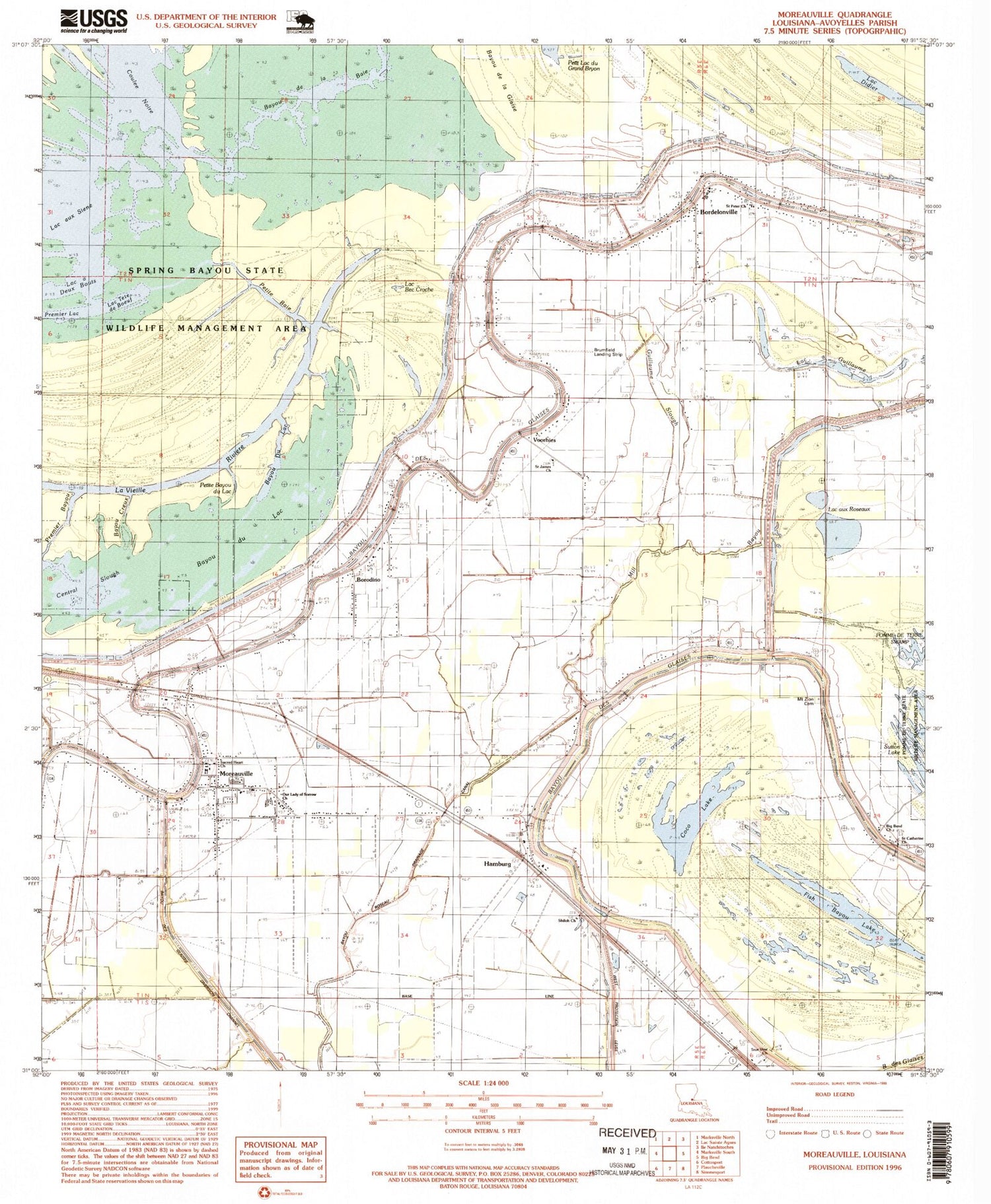 Classic USGS Moreauville Louisiana 7.5'x7.5' Topo Map Image