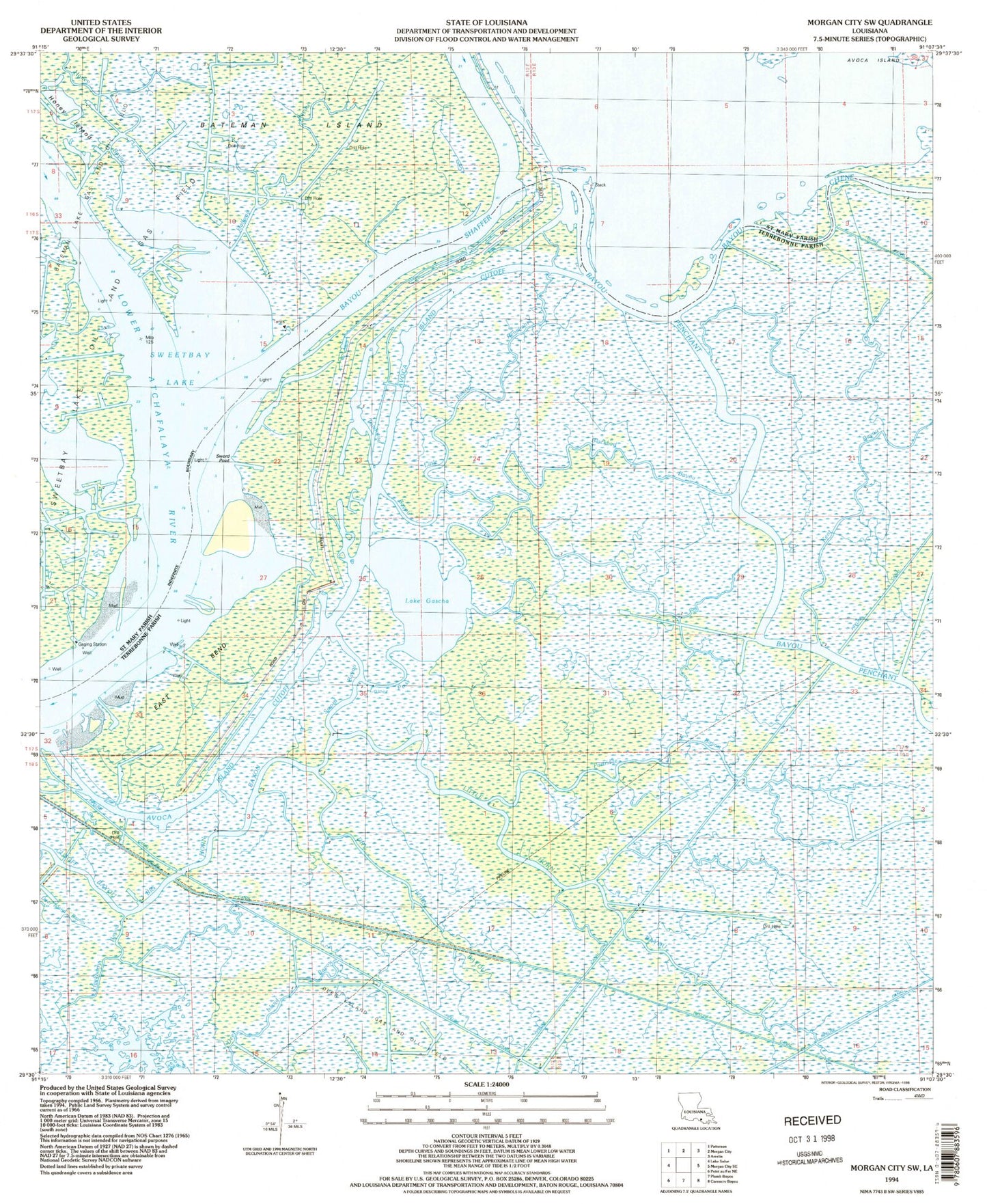 Classic USGS Morgan City SW Louisiana 7.5'x7.5' Topo Map Image