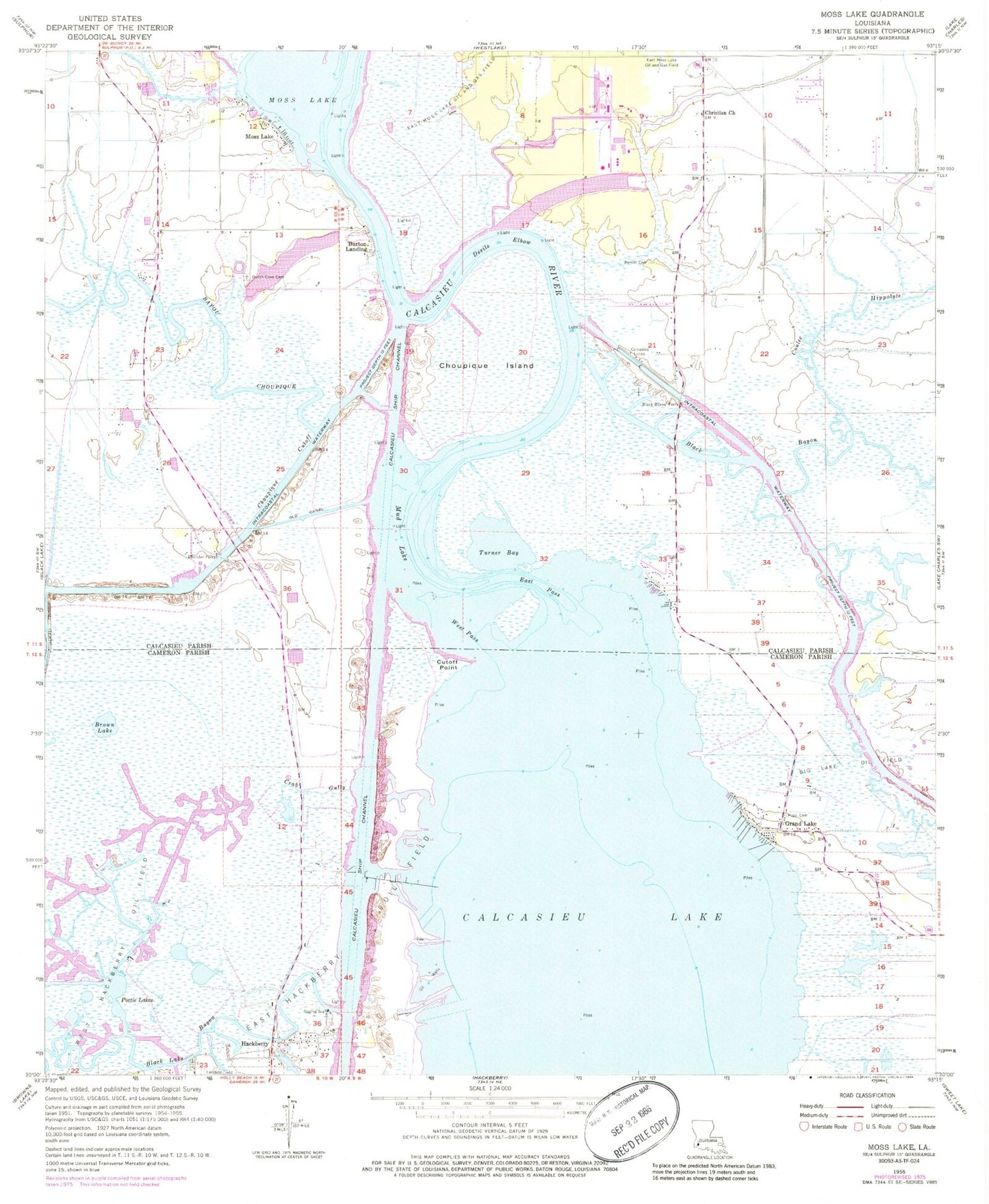 Classic USGS Moss Lake Louisiana 7.5'x7.5' Topo Map Image