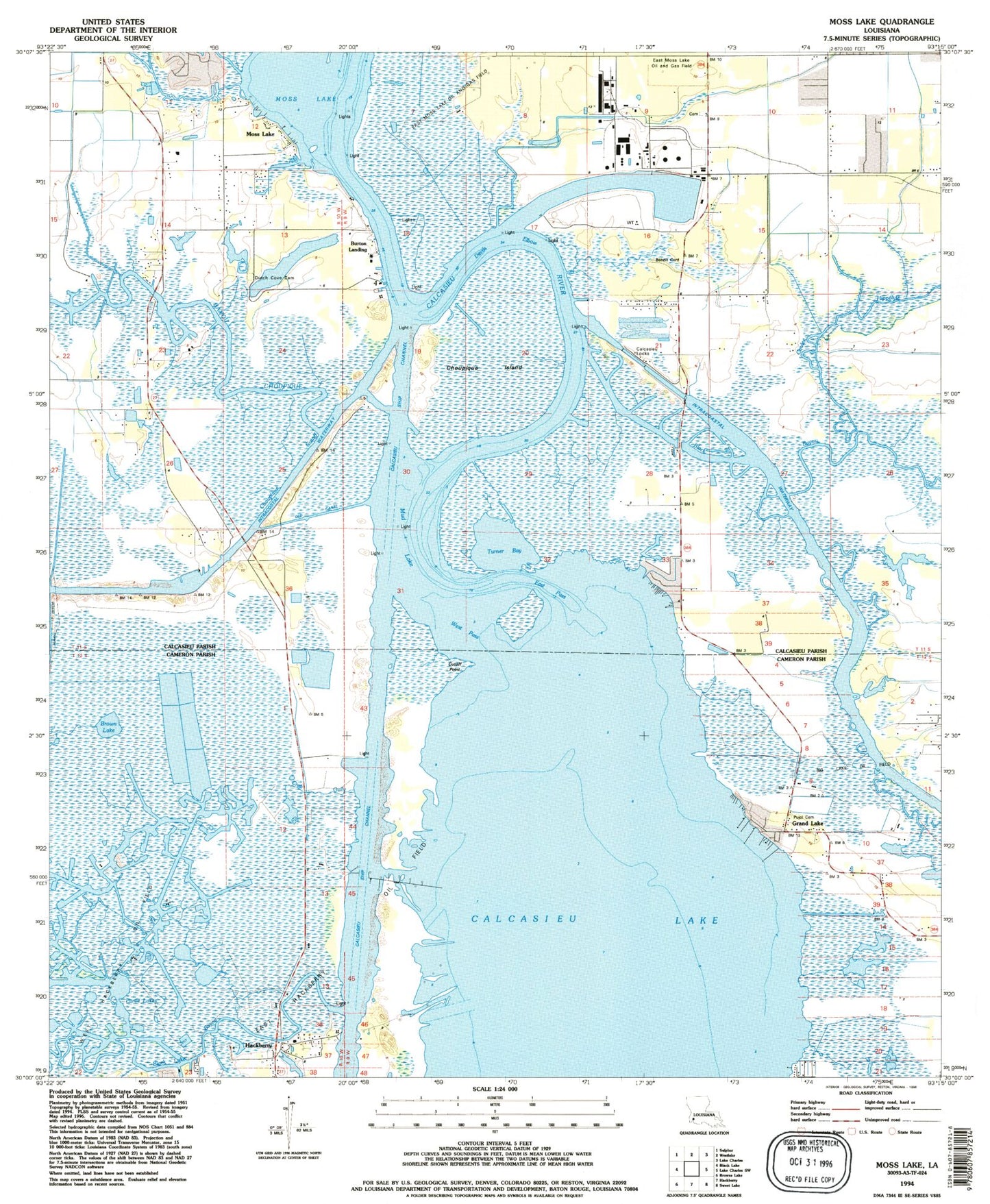 Classic USGS Moss Lake Louisiana 7.5'x7.5' Topo Map Image