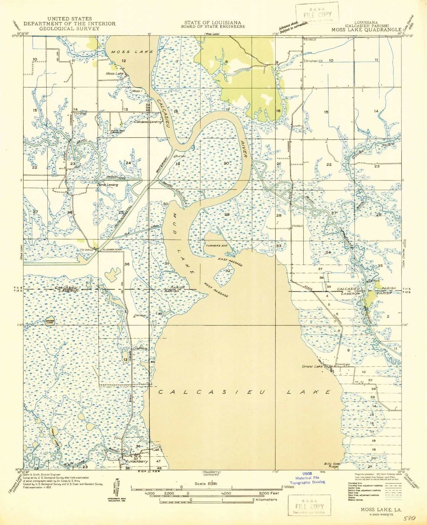 Classic USGS Moss Lake Louisiana 7.5'x7.5' Topo Map Image
