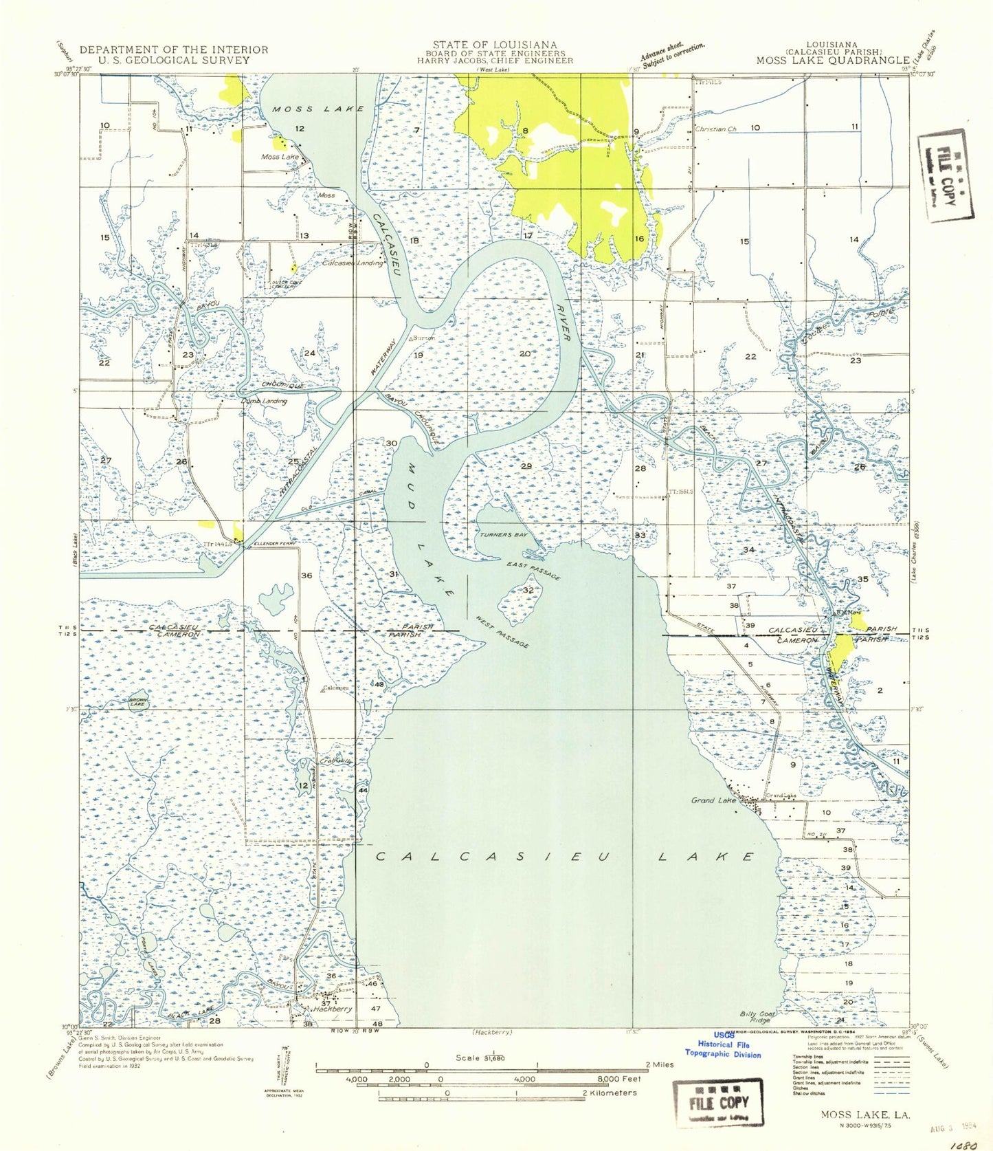 Classic USGS Moss Lake Louisiana 7.5'x7.5' Topo Map Image