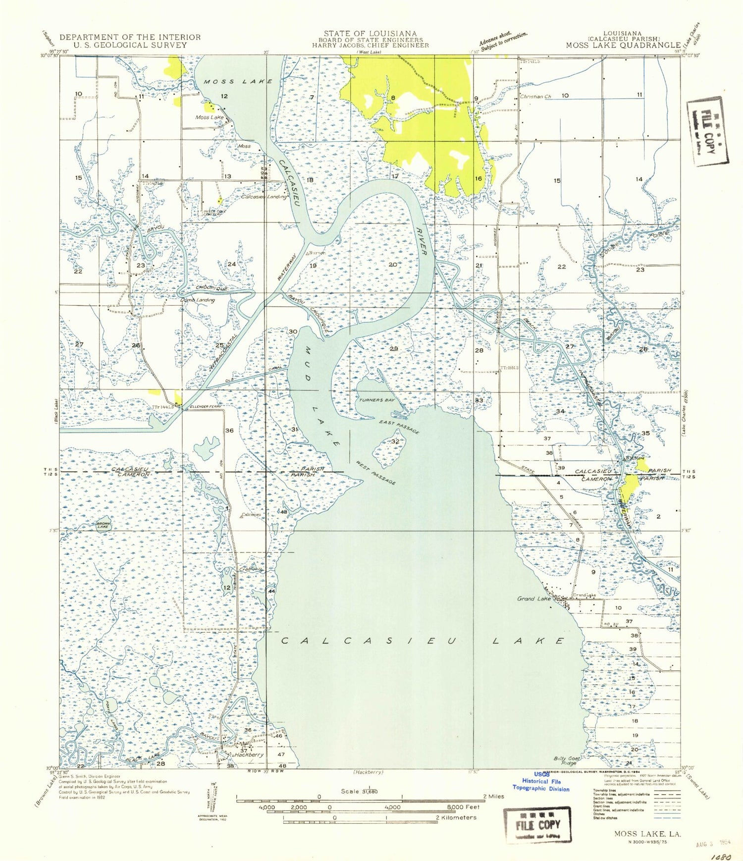 Classic USGS Moss Lake Louisiana 7.5'x7.5' Topo Map Image