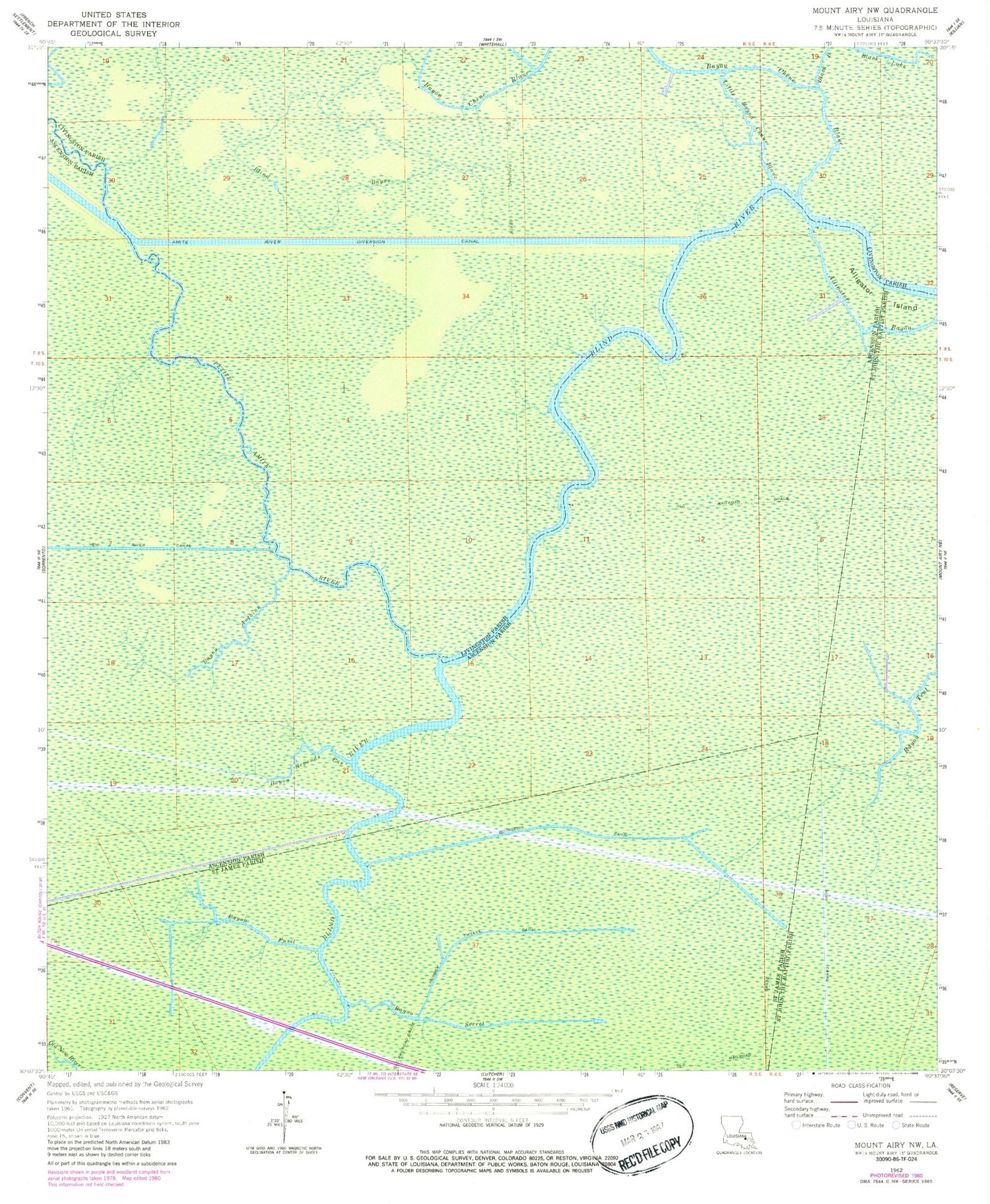 Classic USGS Mount Airy NW Louisiana 7.5'x7.5' Topo Map Image