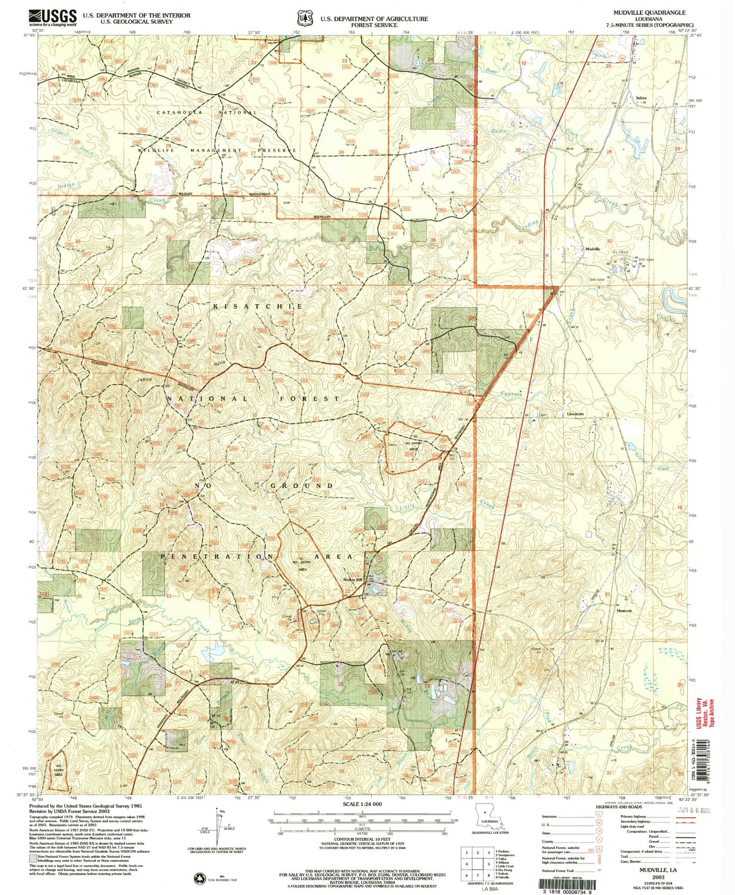 Classic USGS Mudville Louisiana 7.5'x7.5' Topo Map Image