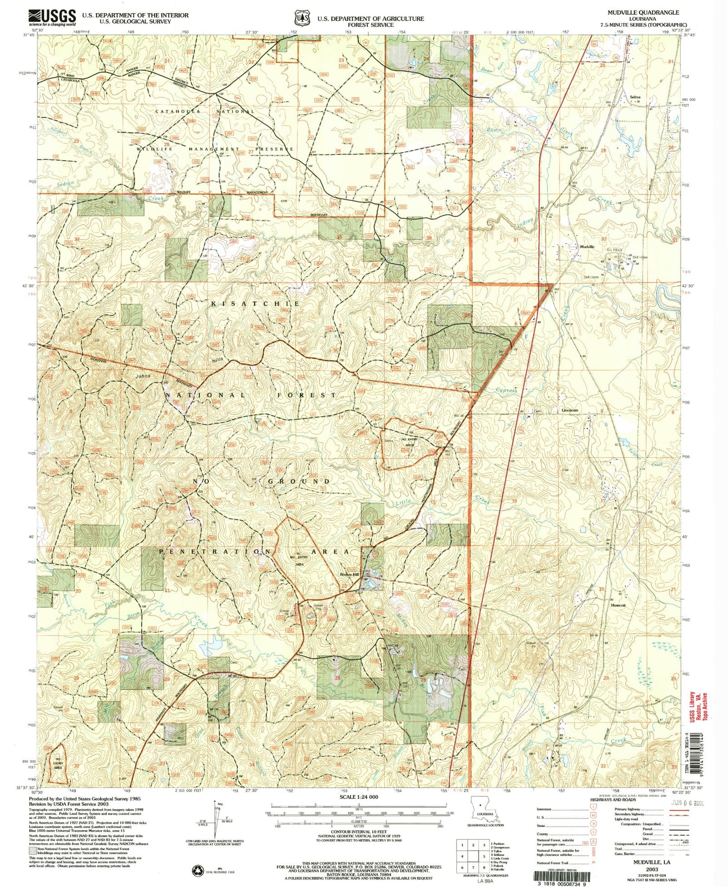 Classic USGS Mudville Louisiana 7.5'x7.5' Topo Map Image