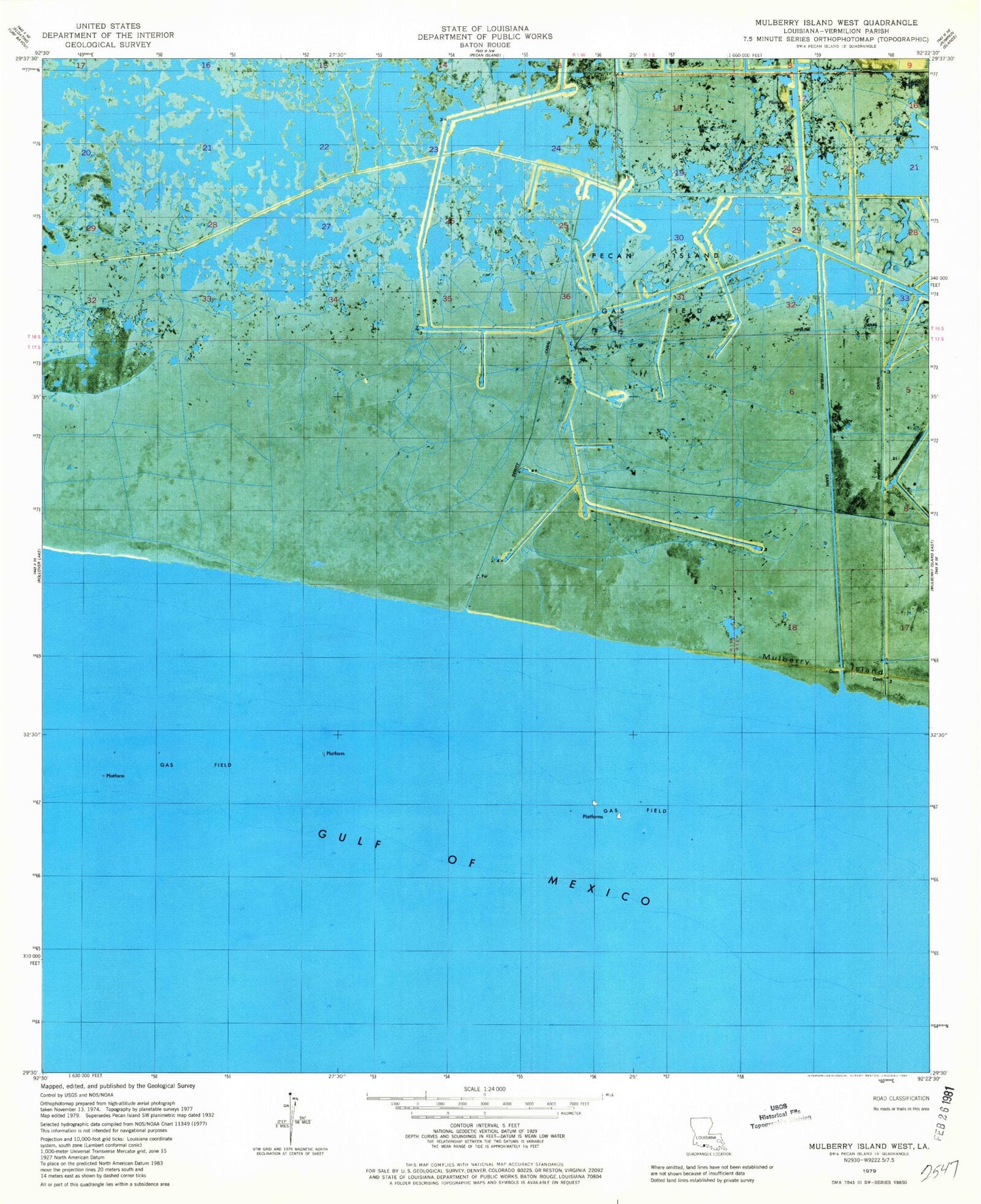 Classic USGS Mulberry Island West Louisiana 7.5'x7.5' Topo Map Image