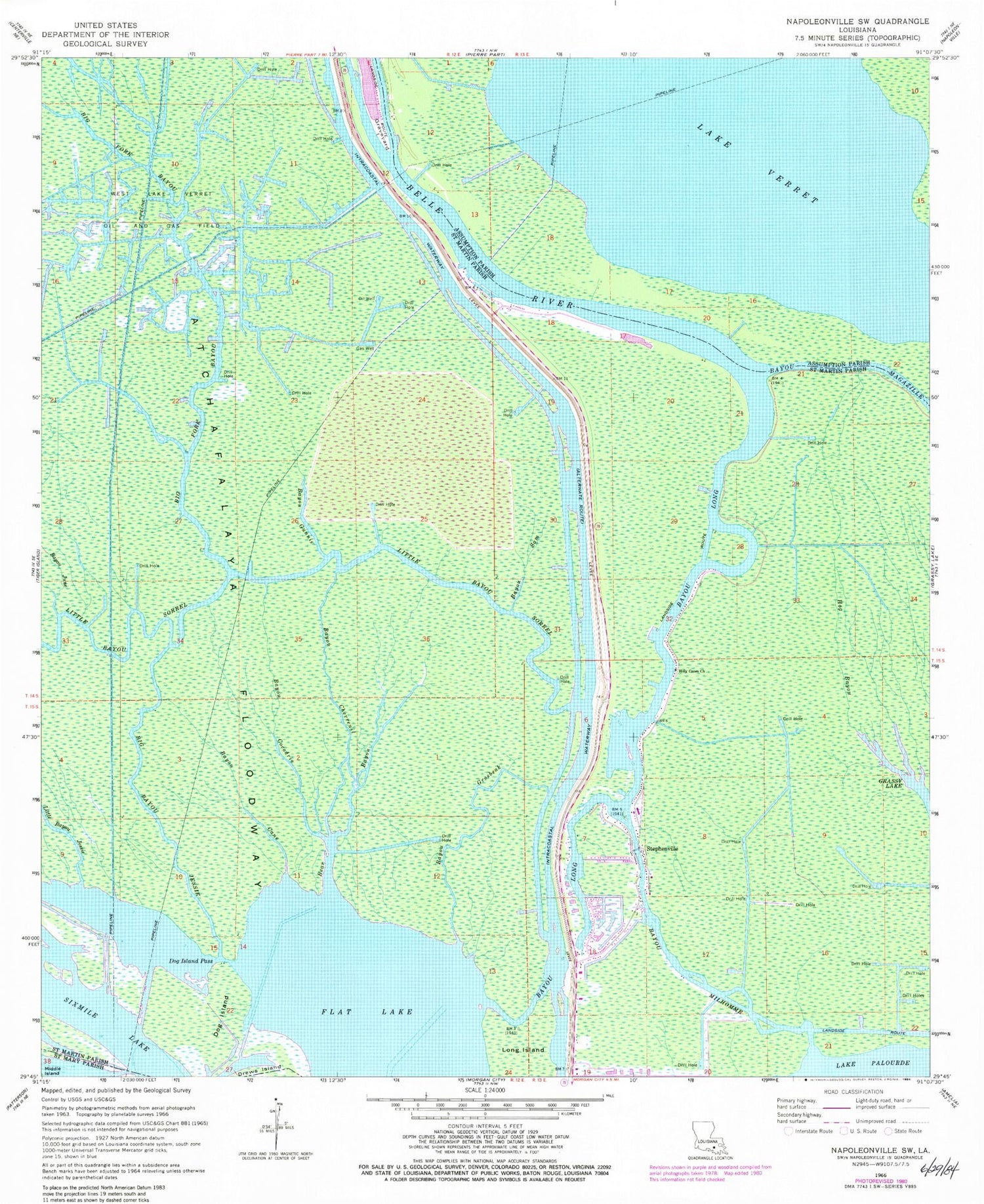 Classic USGS Napoleonville SW Louisiana 7.5'x7.5' Topo Map Image