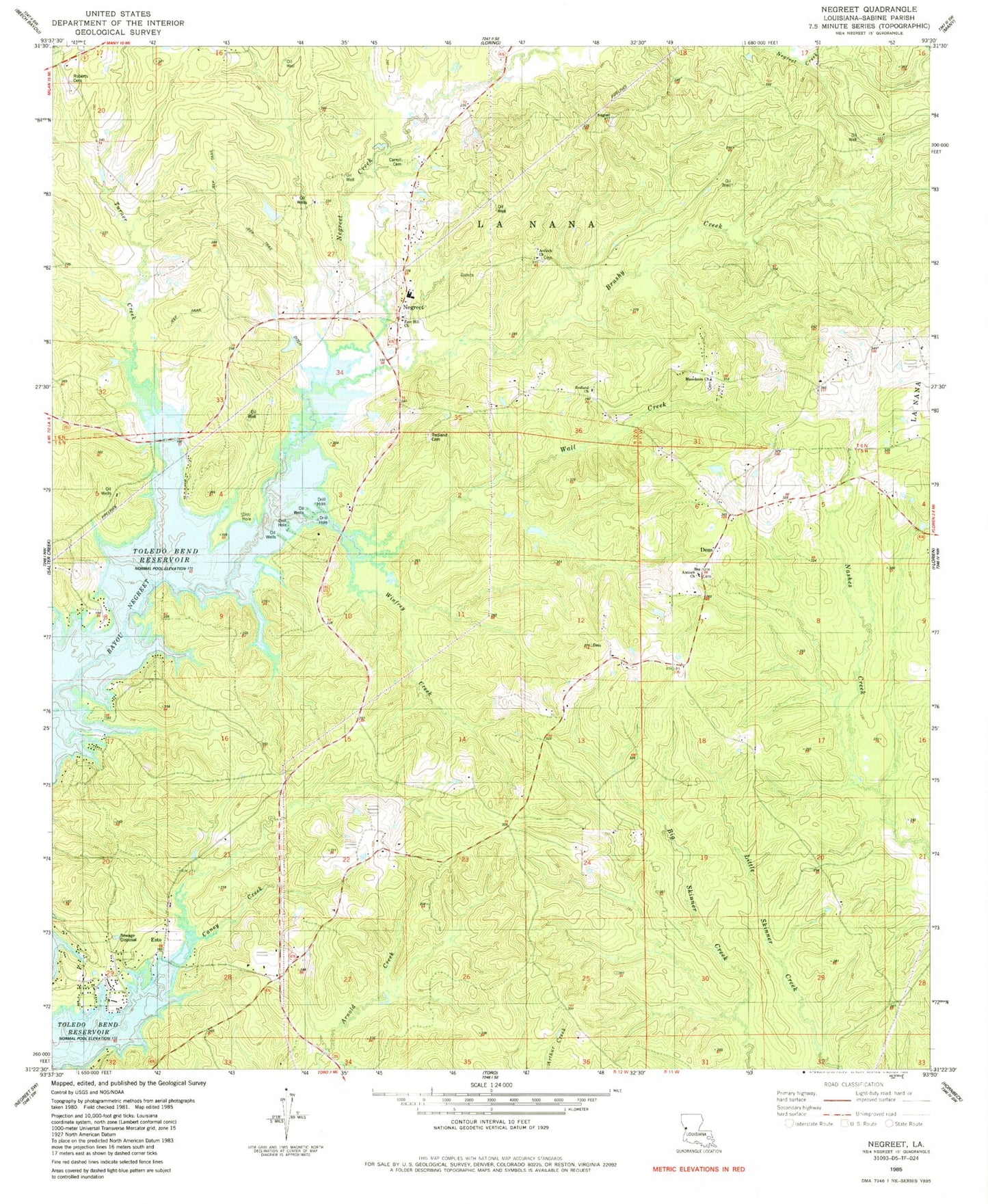 Classic USGS Negreet Louisiana 7.5'x7.5' Topo Map Image