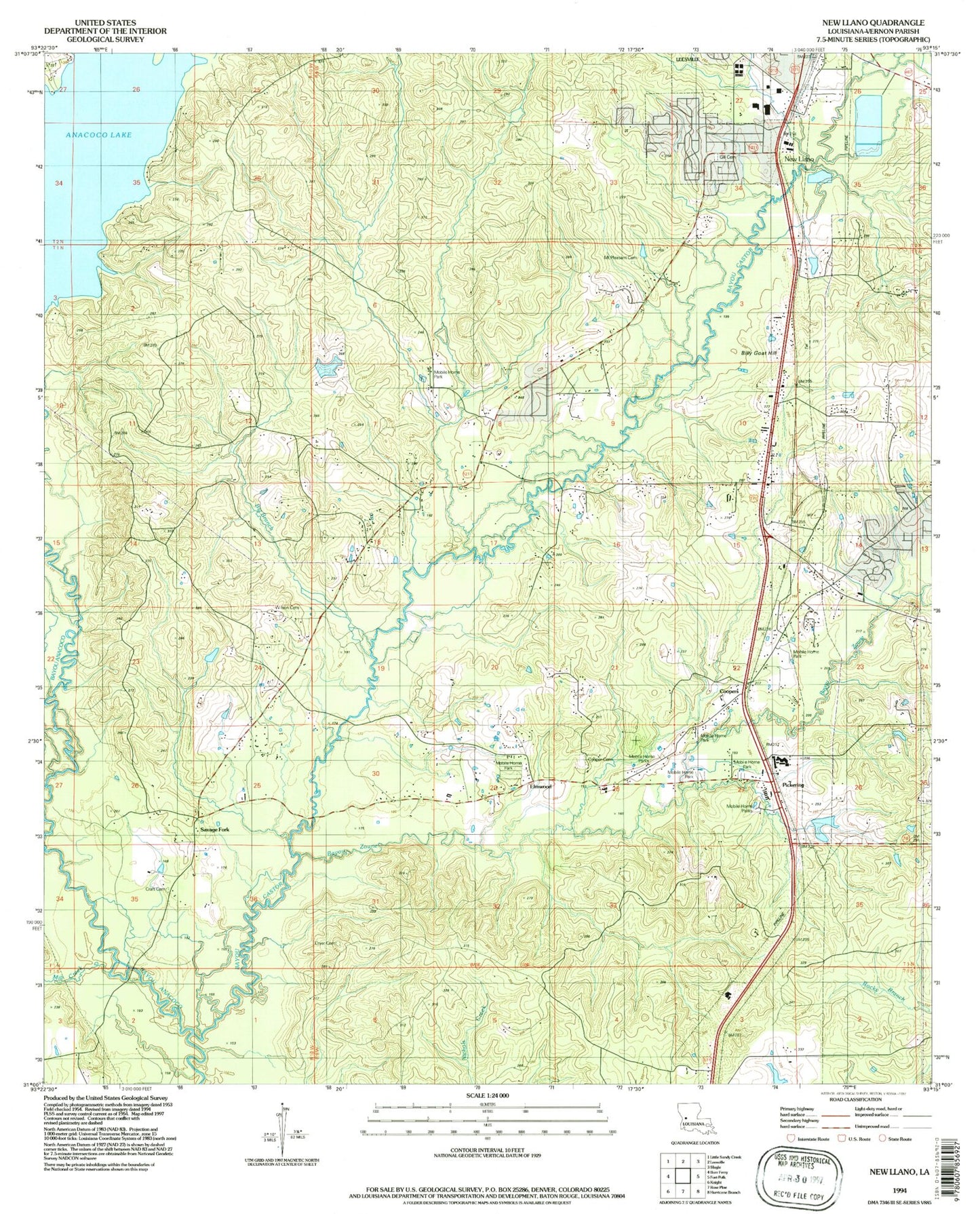Classic USGS New Llano Louisiana 7.5'x7.5' Topo Map Image