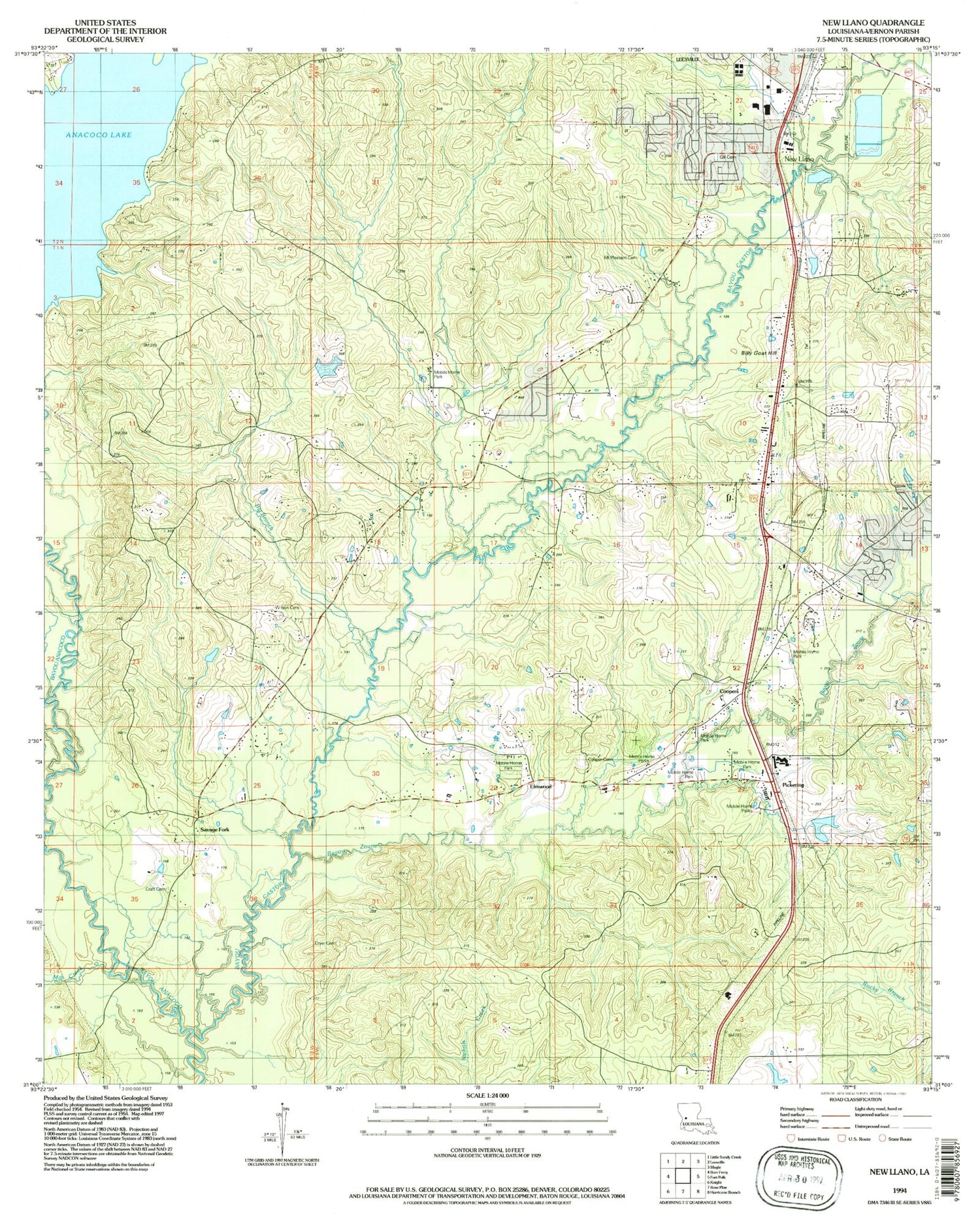 Classic USGS New Llano Louisiana 7.5'x7.5' Topo Map Image