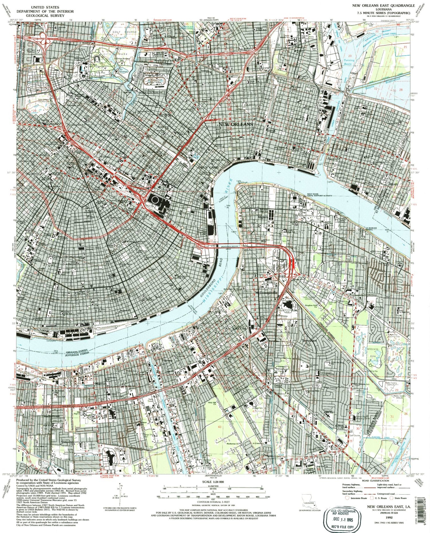 Classic USGS New Orleans East Louisiana 7.5'x7.5' Topo Map Image