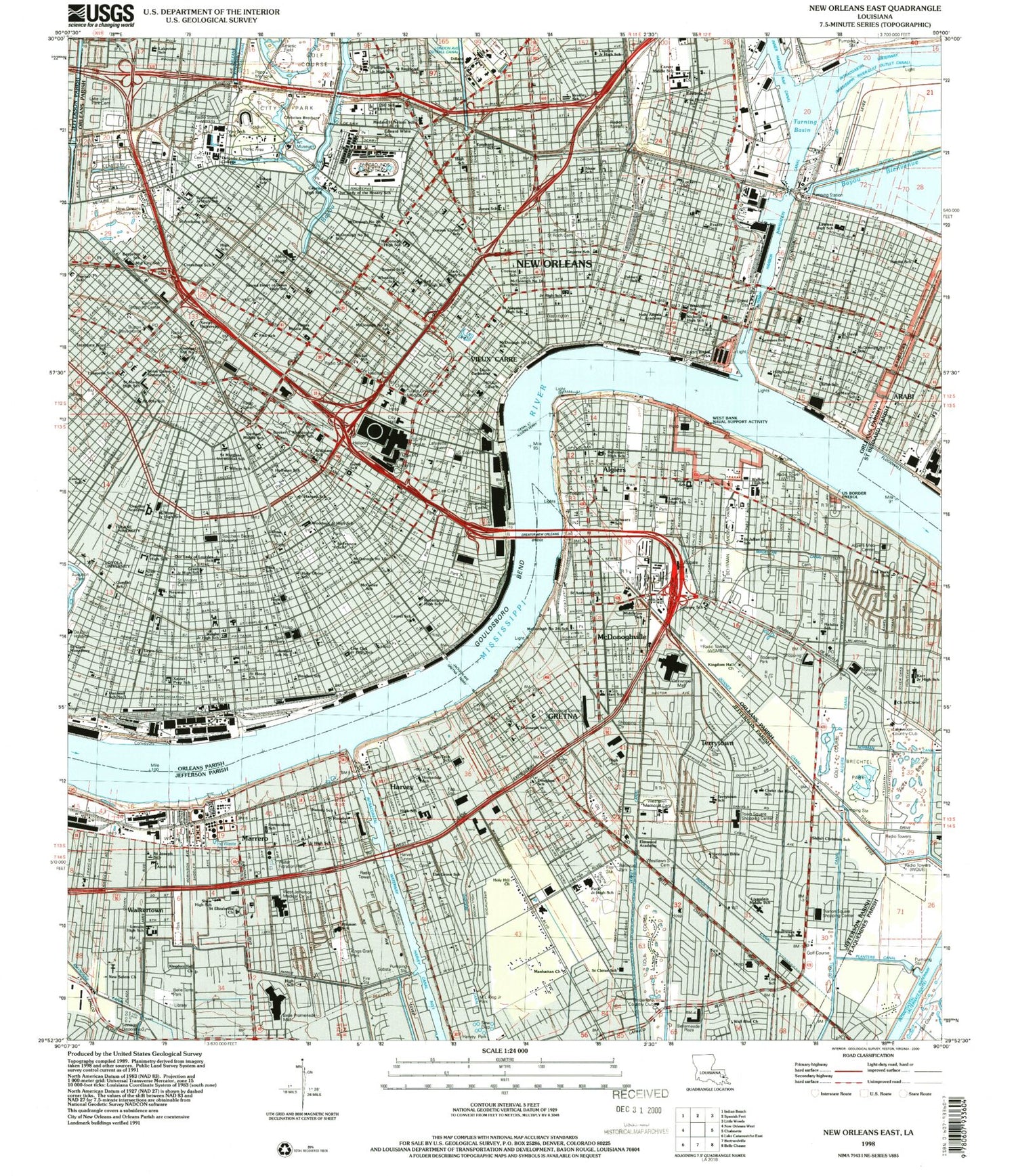 Classic USGS New Orleans East Louisiana 7.5'x7.5' Topo Map Image