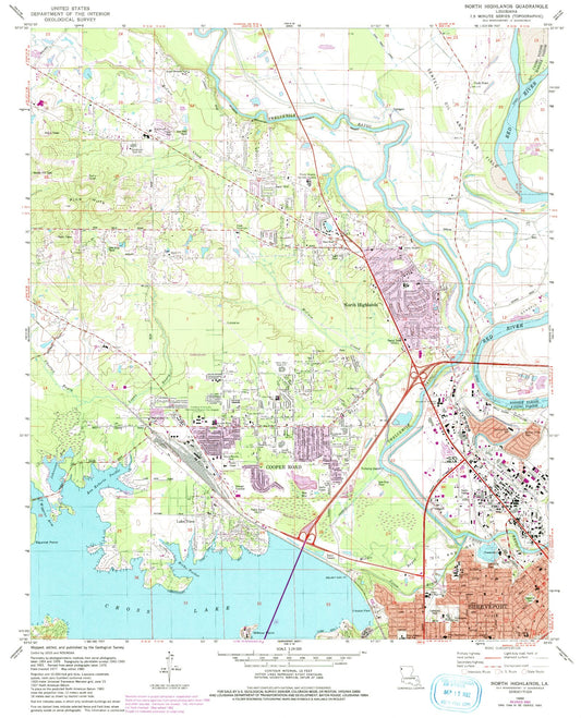 Classic USGS North Highlands Louisiana 7.5'x7.5' Topo Map Image