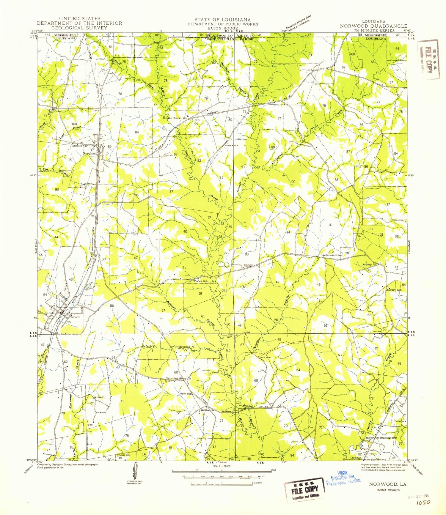 Classic USGS Wilson Louisiana 7.5'x7.5' Topo Map Image