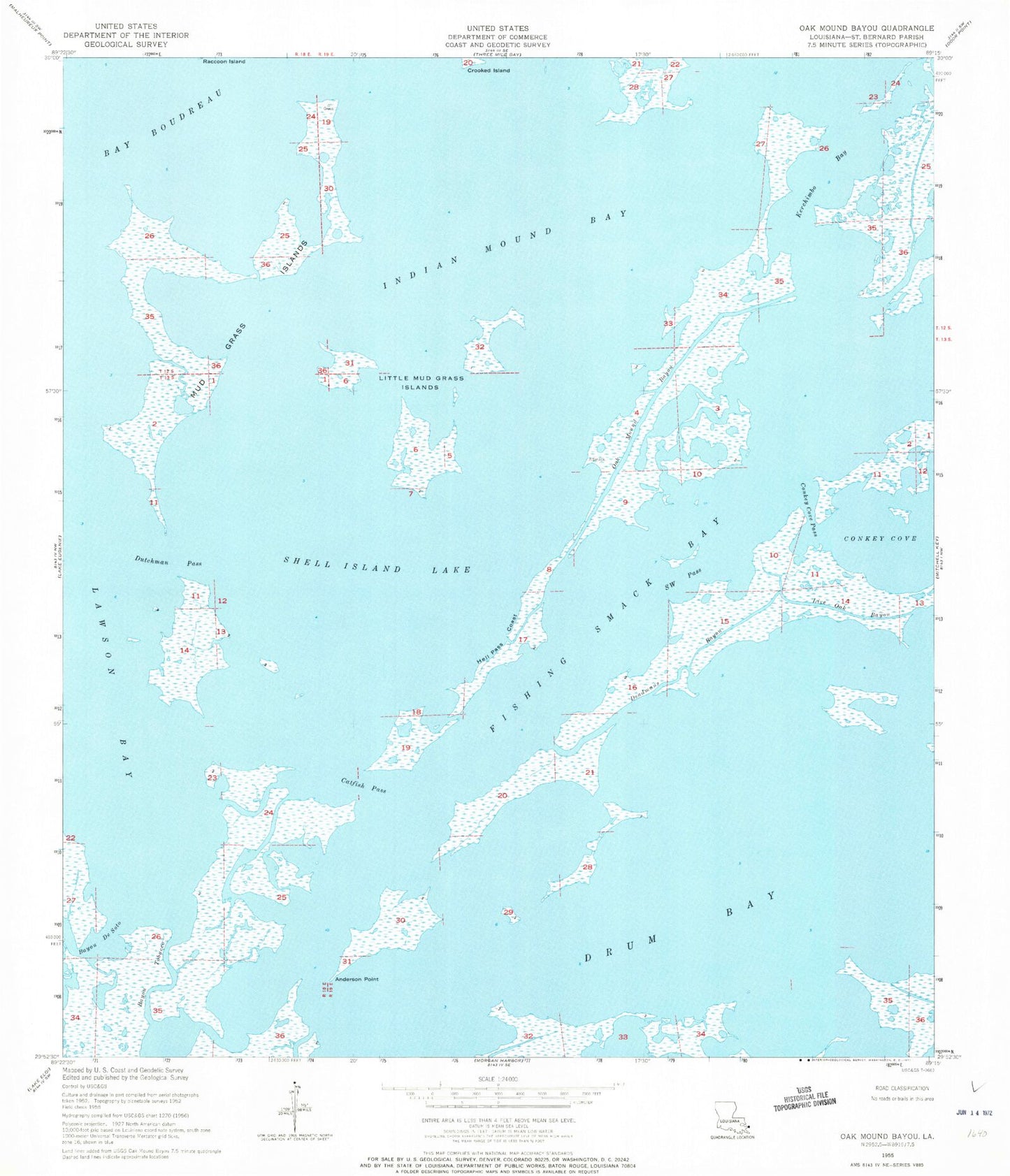Classic USGS Oak Mound Bayou Louisiana 7.5'x7.5' Topo Map Image