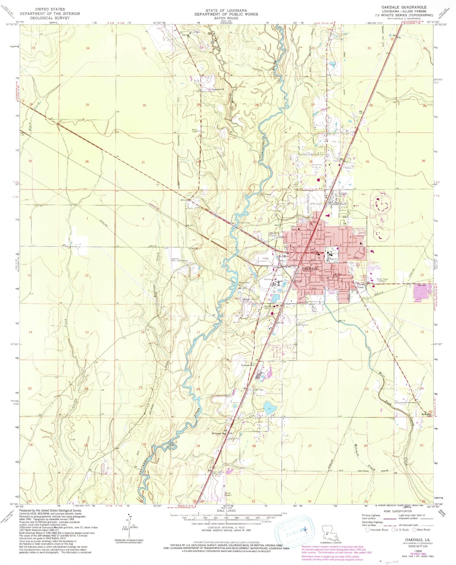 Classic USGS Oakdale Louisiana 7.5'x7.5' Topo Map Image