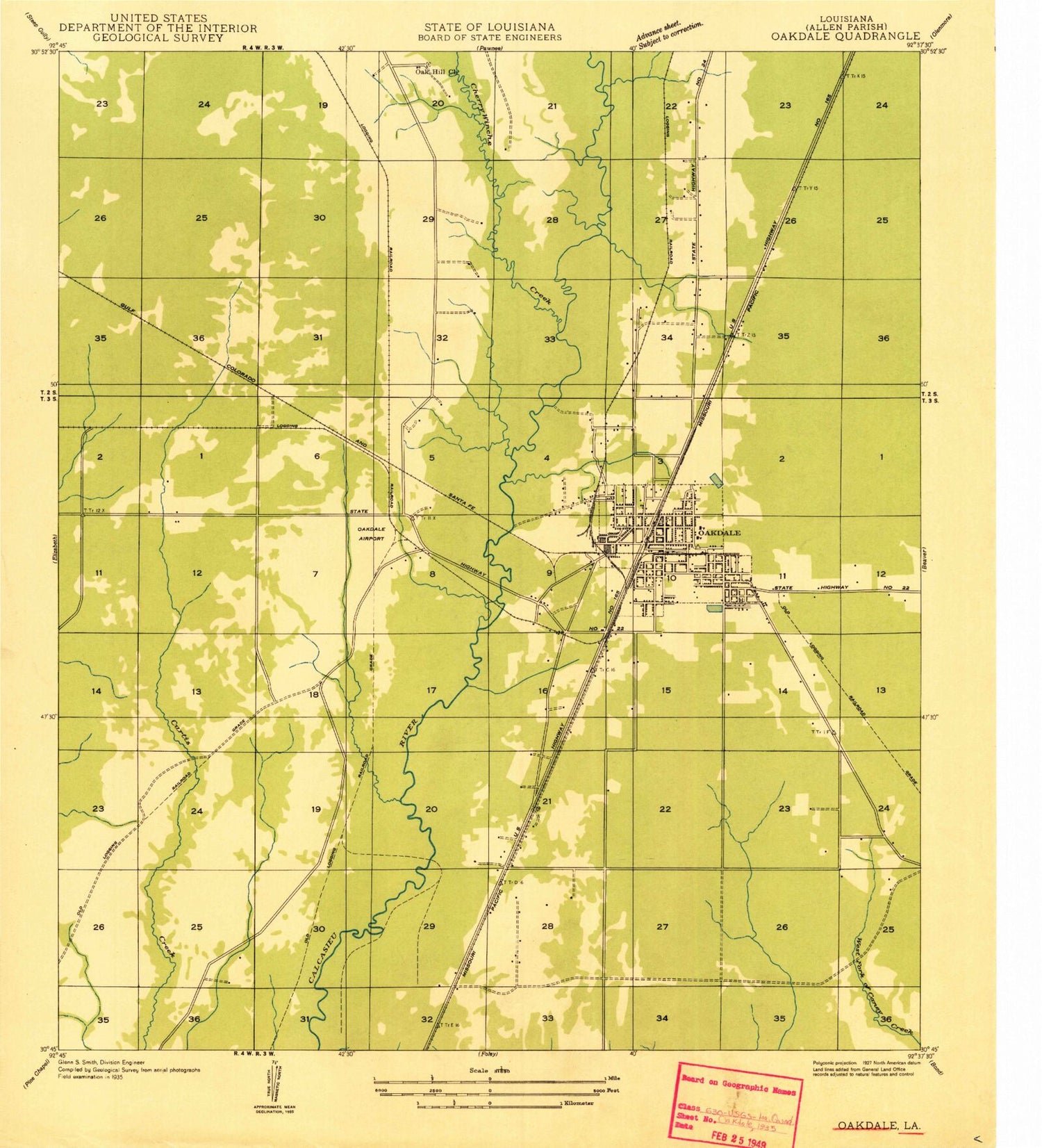 Classic USGS Oakdale Louisiana 7.5'x7.5' Topo Map Image