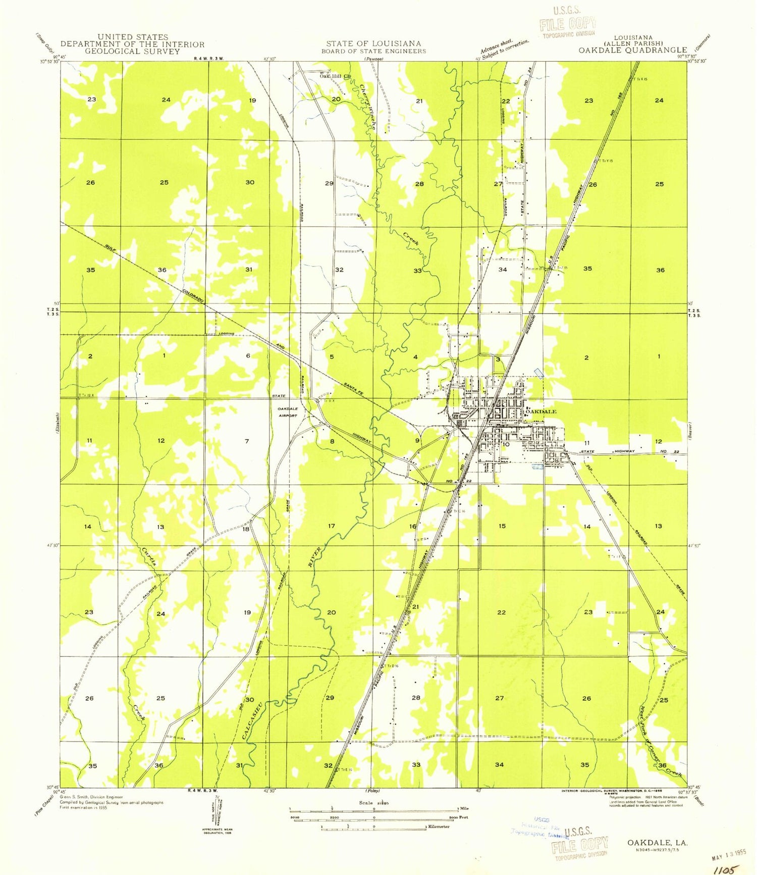 Classic USGS Oakdale Louisiana 7.5'x7.5' Topo Map Image