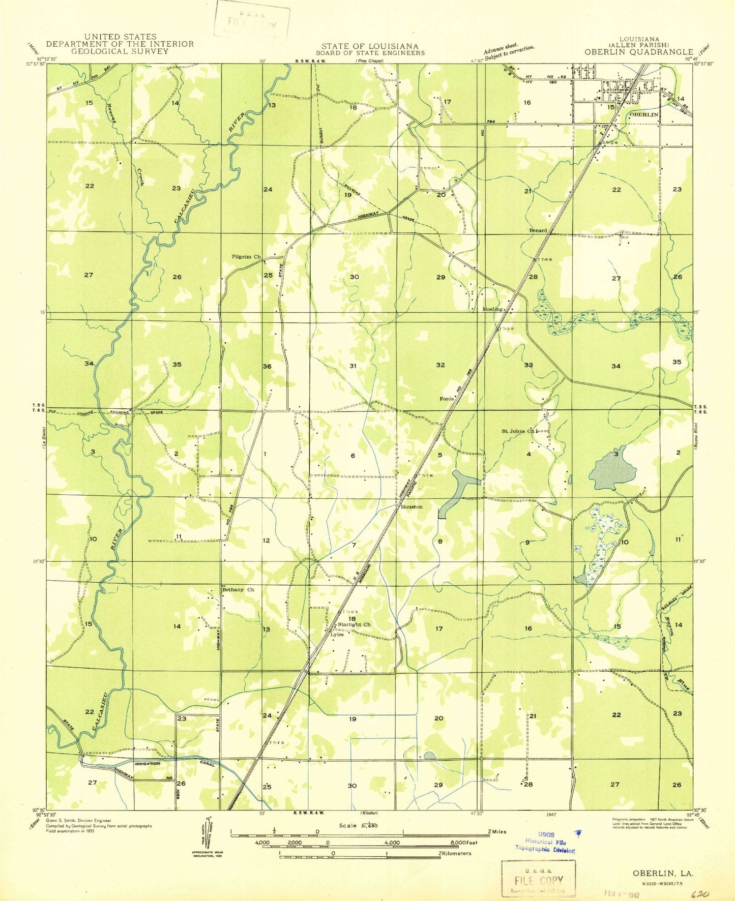 Classic USGS Oberlin Louisiana 7.5'x7.5' Topo Map Image