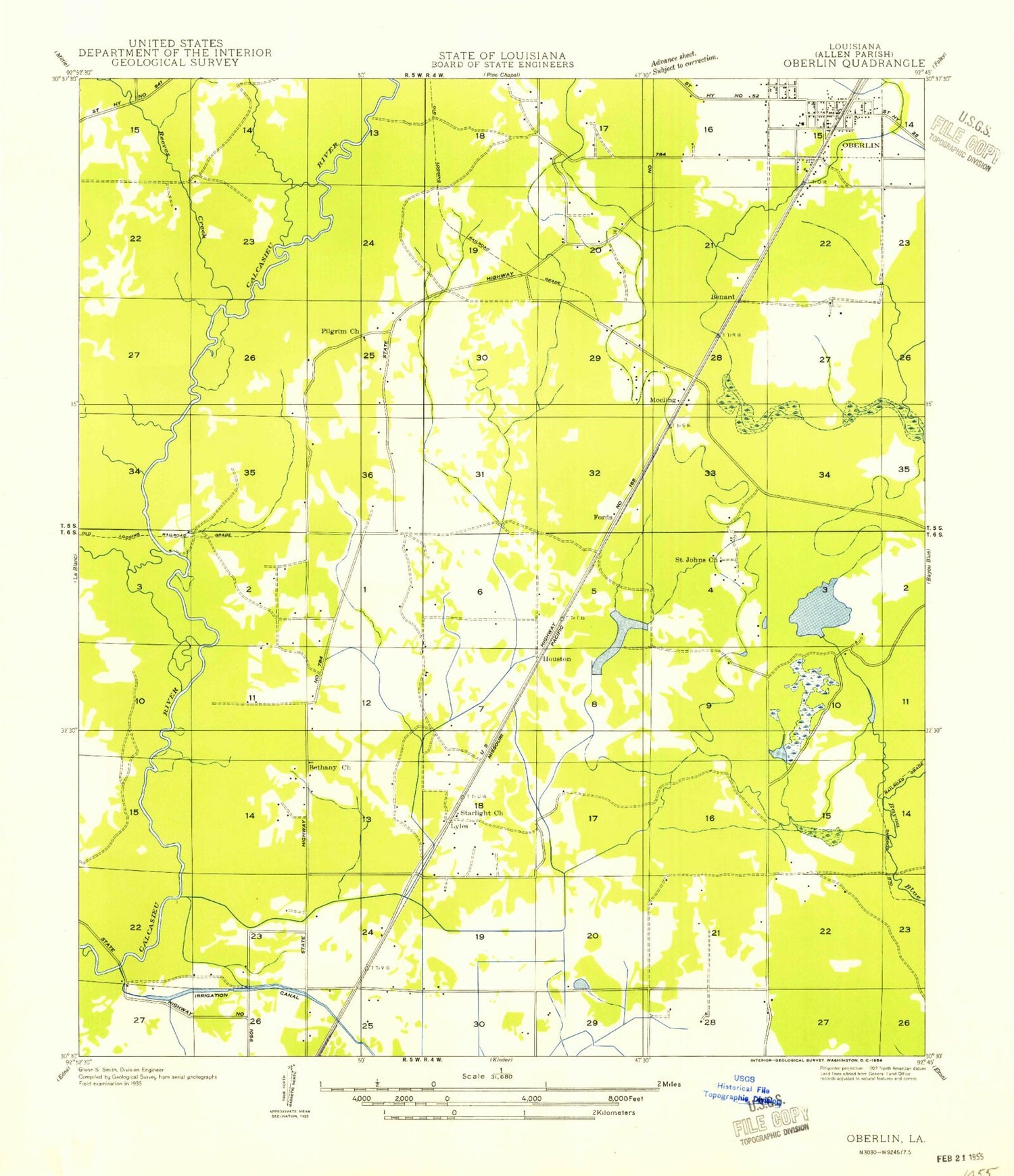 Classic USGS Oberlin Louisiana 7.5'x7.5' Topo Map Image