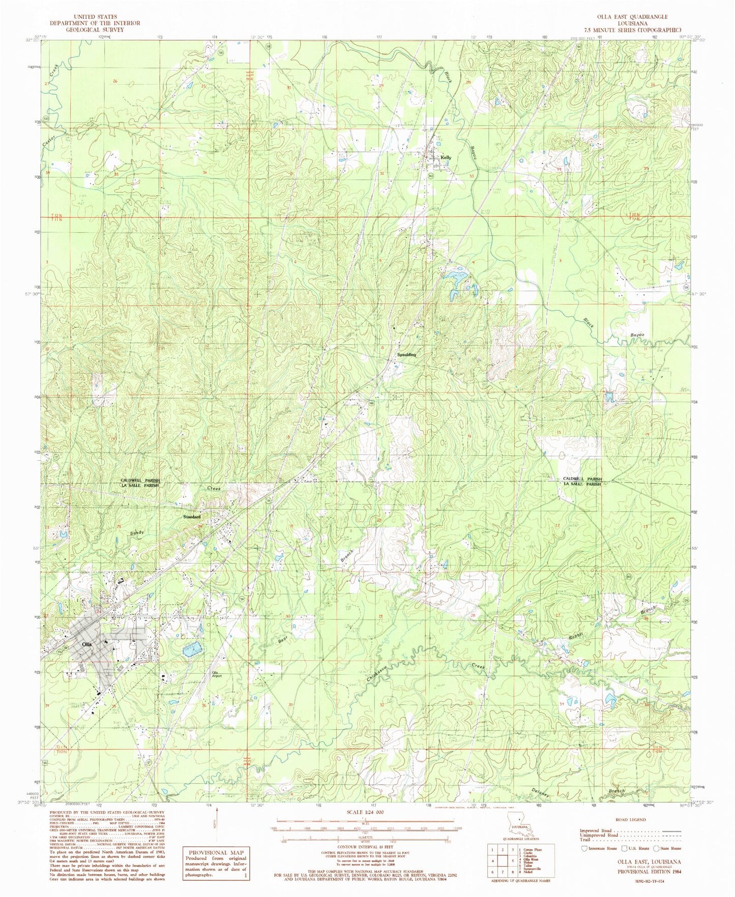 Classic USGS Olla East Louisiana 7.5'x7.5' Topo Map Image