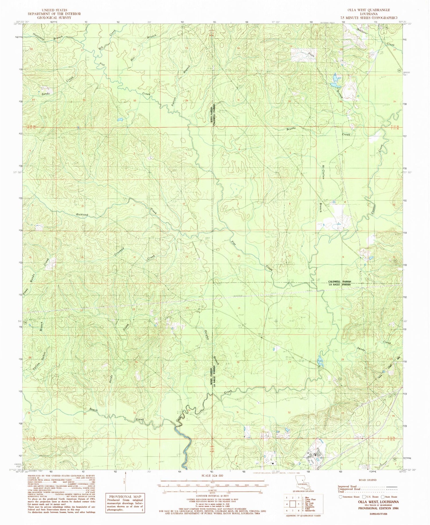 Classic USGS Olla West Louisiana 7.5'x7.5' Topo Map Image