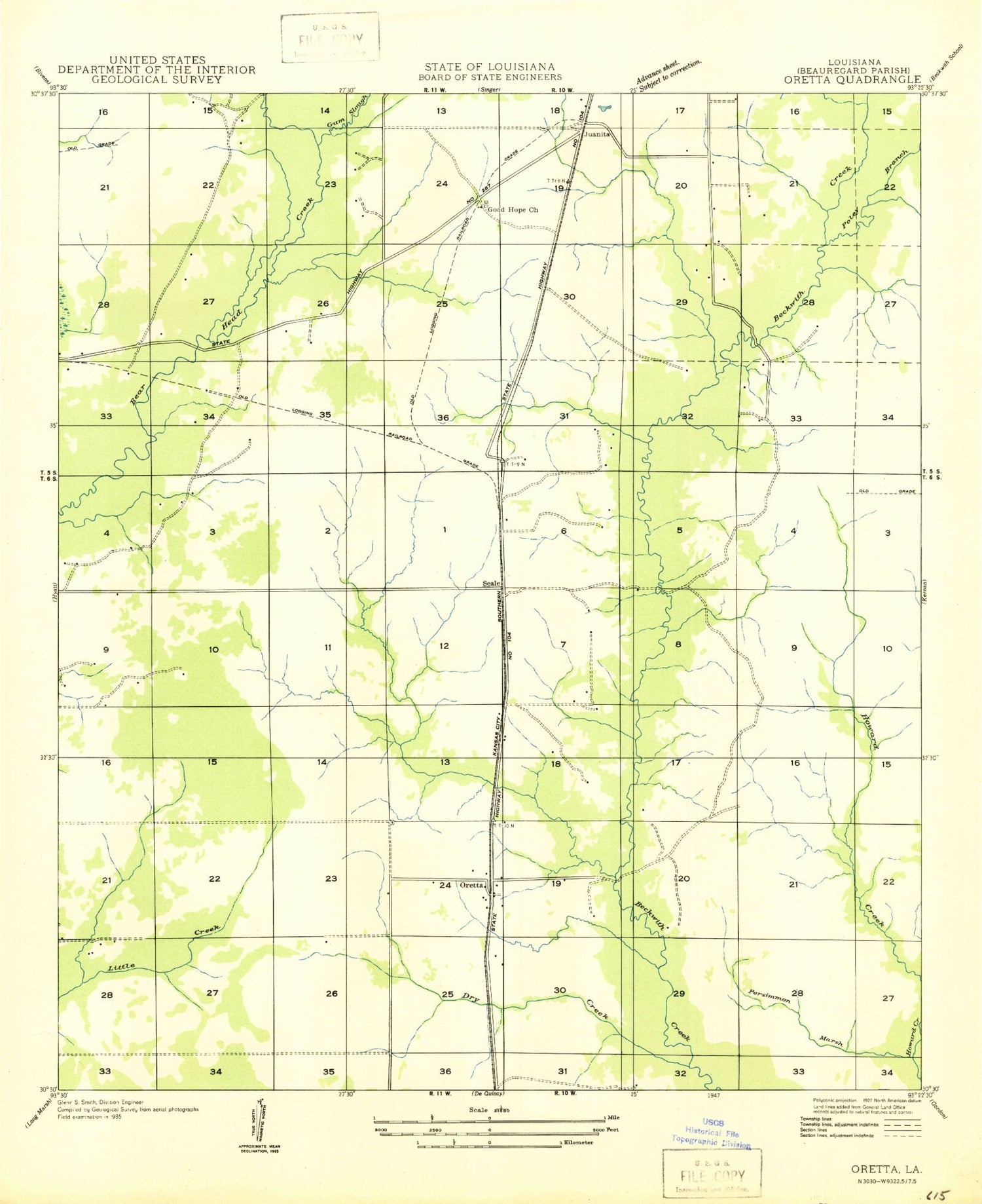 Classic USGS Oretta Louisiana 7.5'x7.5' Topo Map Image
