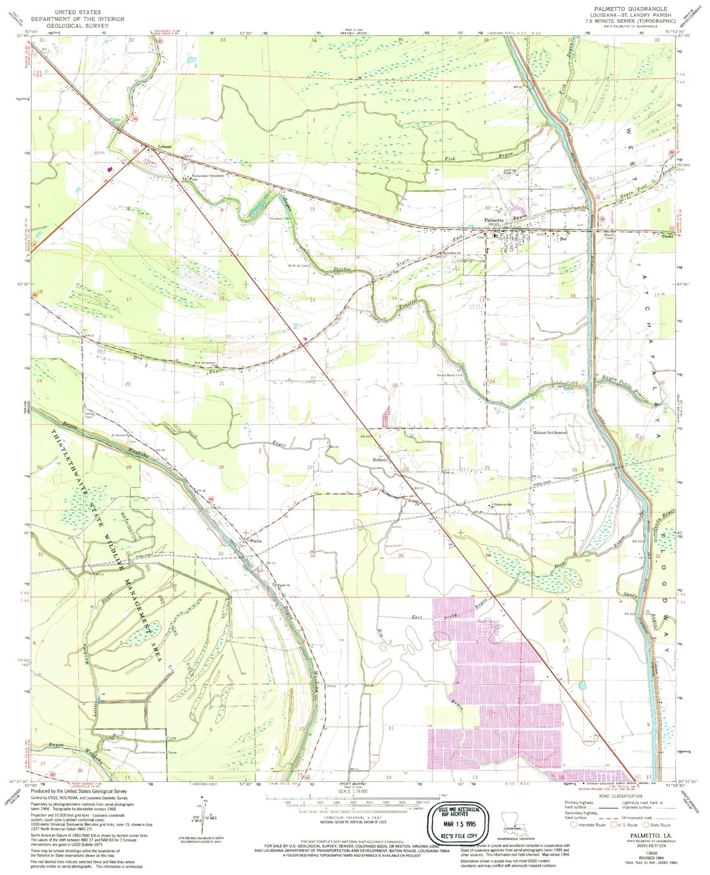 Classic USGS Palmetto Louisiana 7.5'x7.5' Topo Map Image