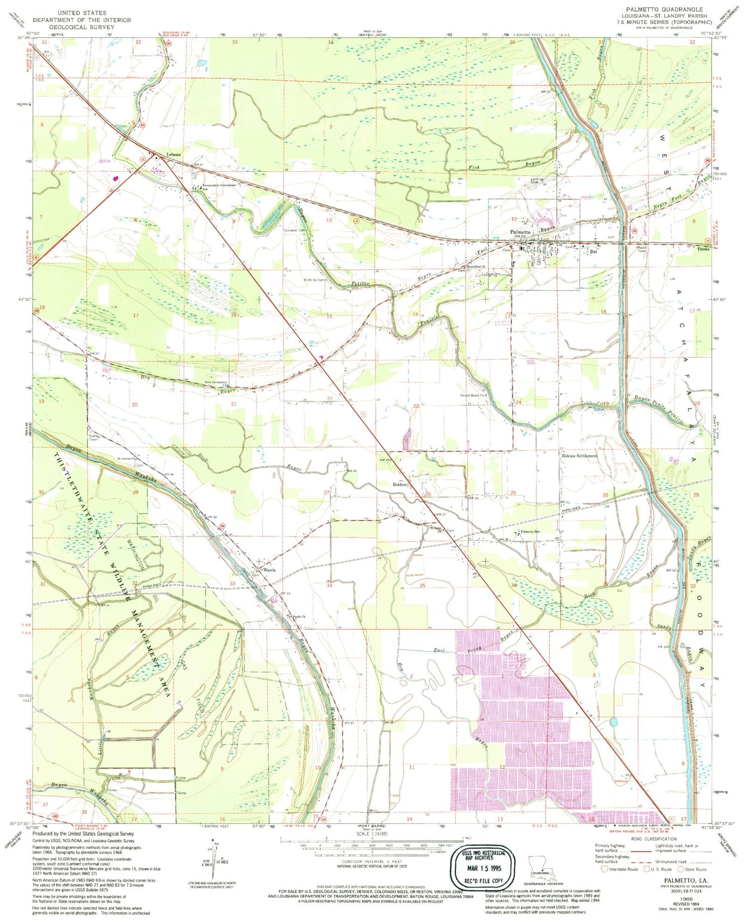 Classic USGS Palmetto Louisiana 7.5'x7.5' Topo Map Image