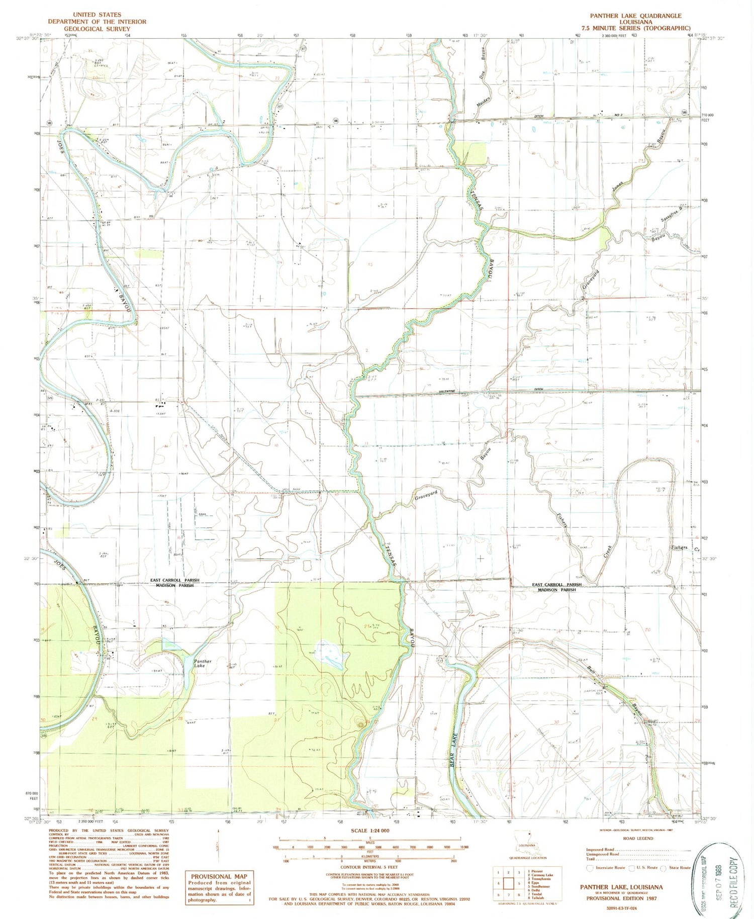 Classic USGS Panther Lake Louisiana 7.5'x7.5' Topo Map Image