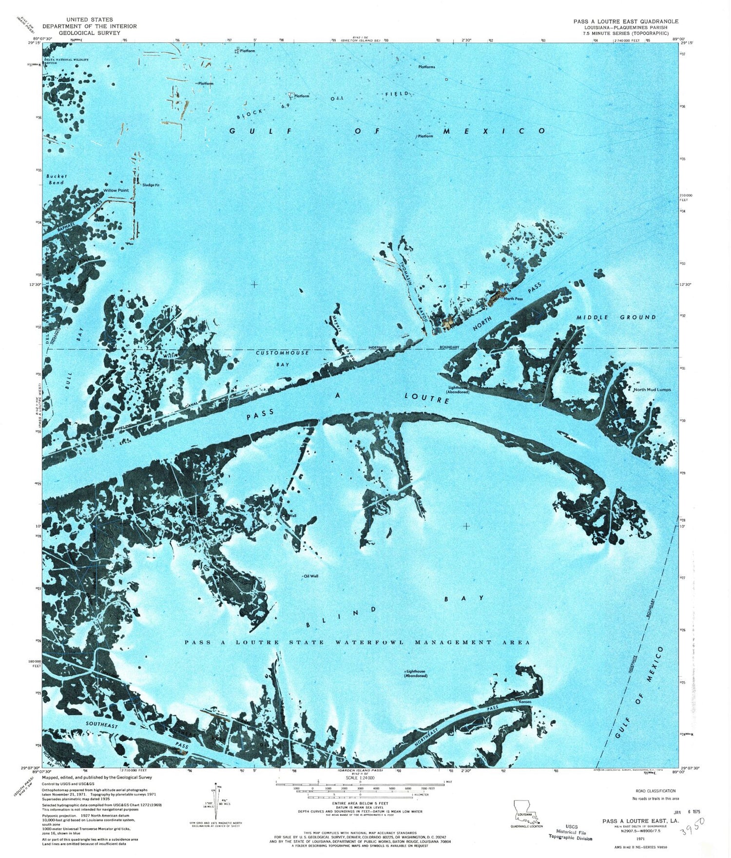Classic USGS Pass a Loutre East Louisiana 7.5'x7.5' Topo Map Image