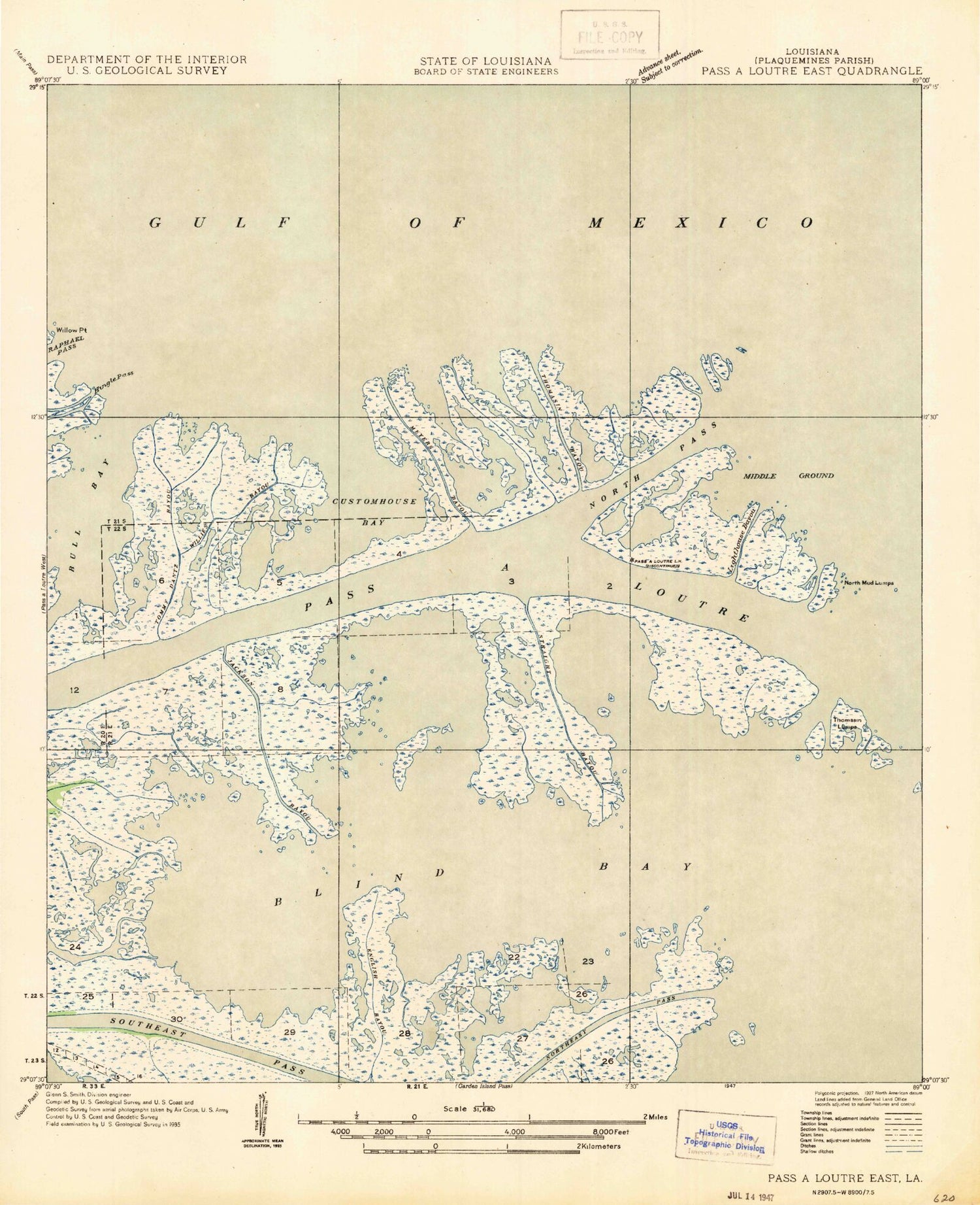 Classic USGS Pass a Loutre East Louisiana 7.5'x7.5' Topo Map Image