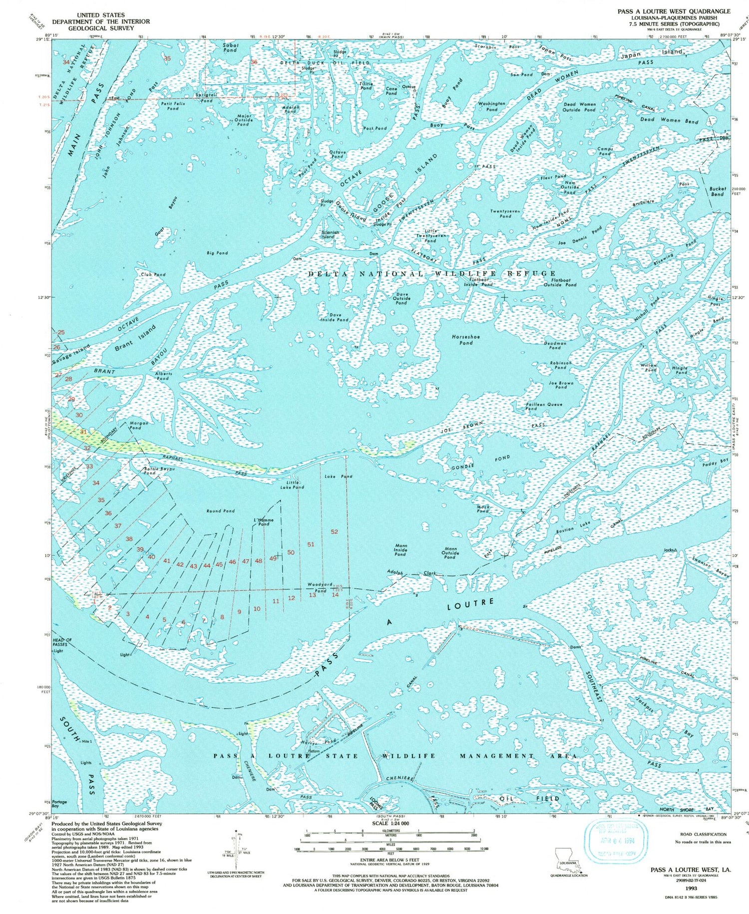 Classic USGS Pass a Loutre West Louisiana 7.5'x7.5' Topo Map Image