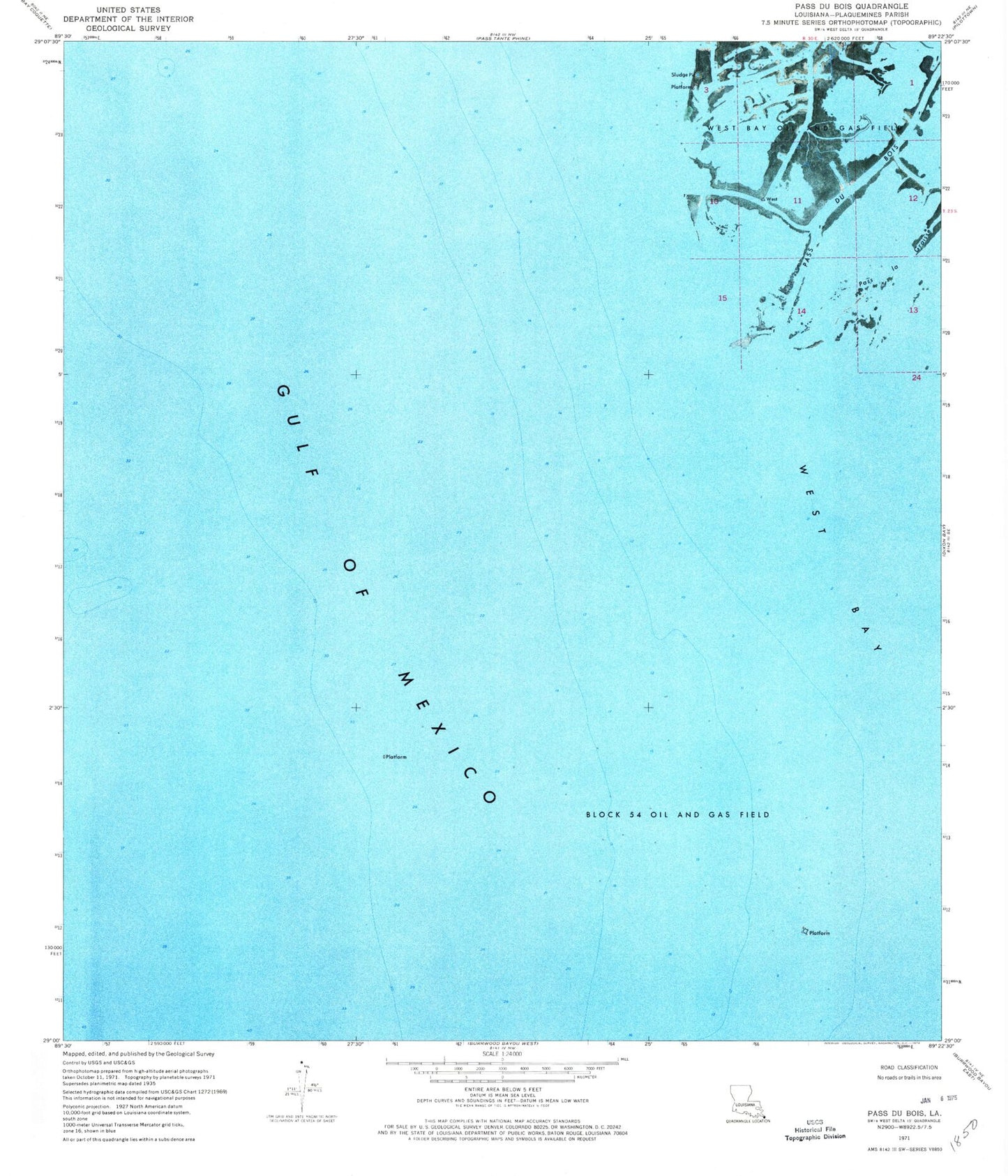 Classic USGS Pass du Bois Louisiana 7.5'x7.5' Topo Map Image