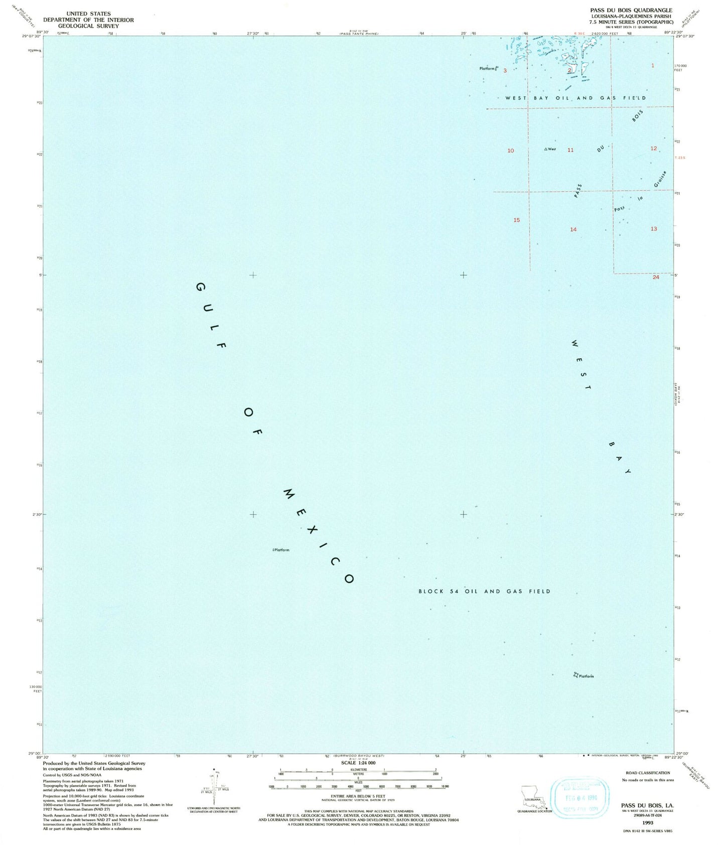 Classic USGS Pass du Bois Louisiana 7.5'x7.5' Topo Map Image