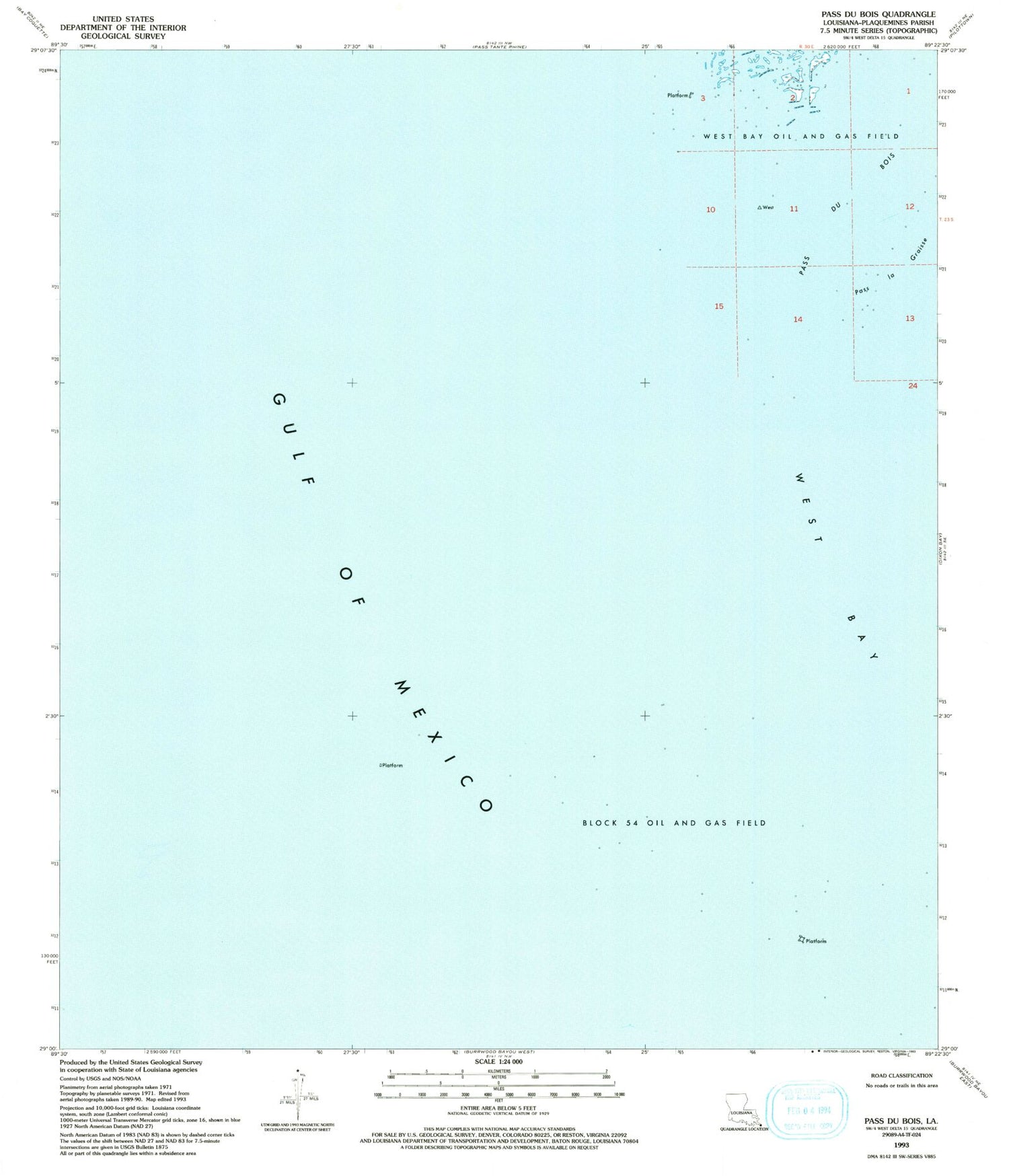 Classic USGS Pass du Bois Louisiana 7.5'x7.5' Topo Map Image