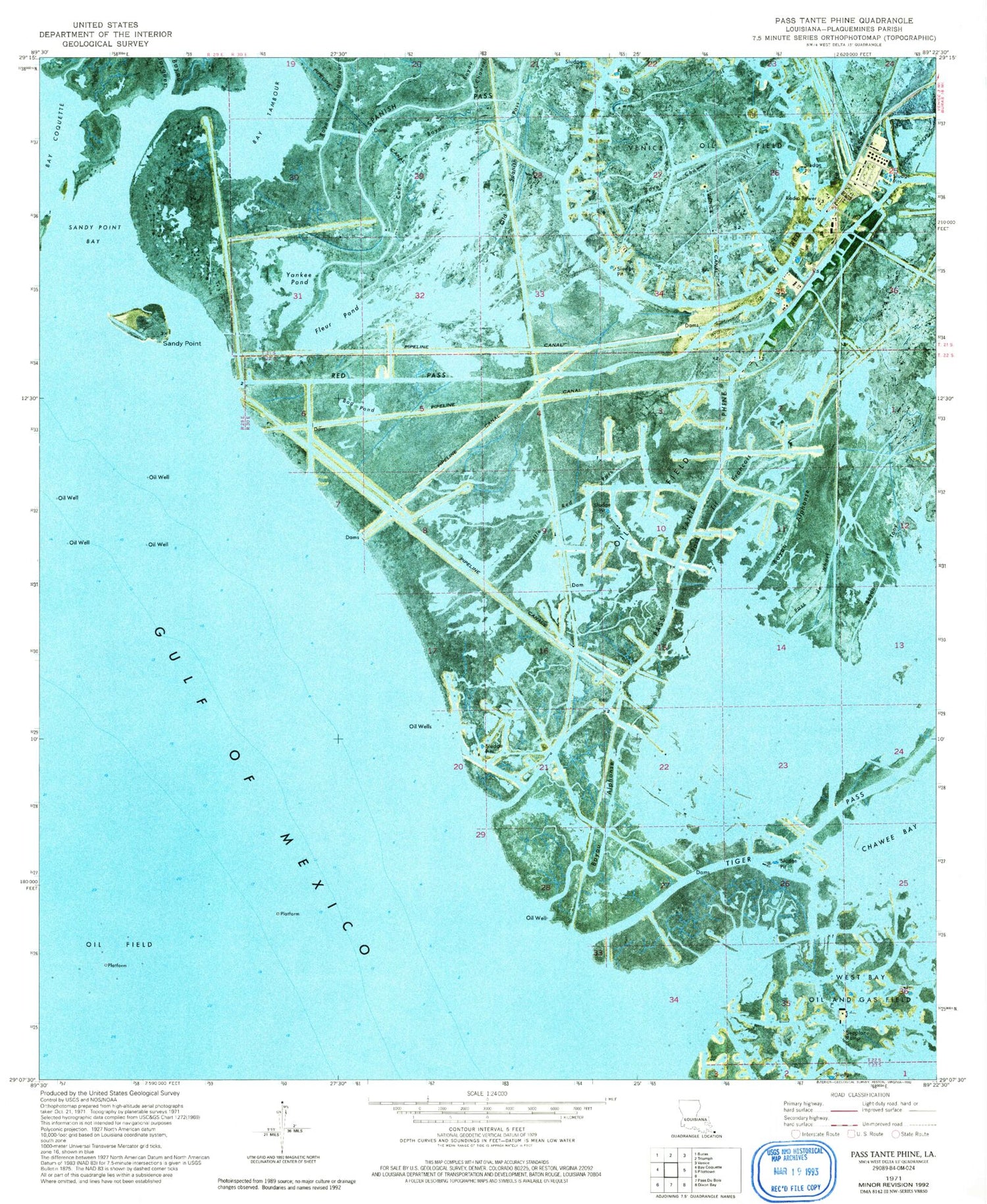 Classic USGS Pass Tante Phine Louisiana 7.5'x7.5' Topo Map Image