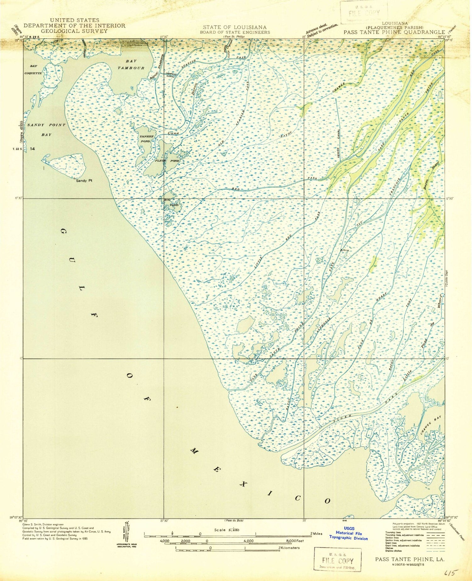 Classic USGS Pass Tante Phine Louisiana 7.5'x7.5' Topo Map Image