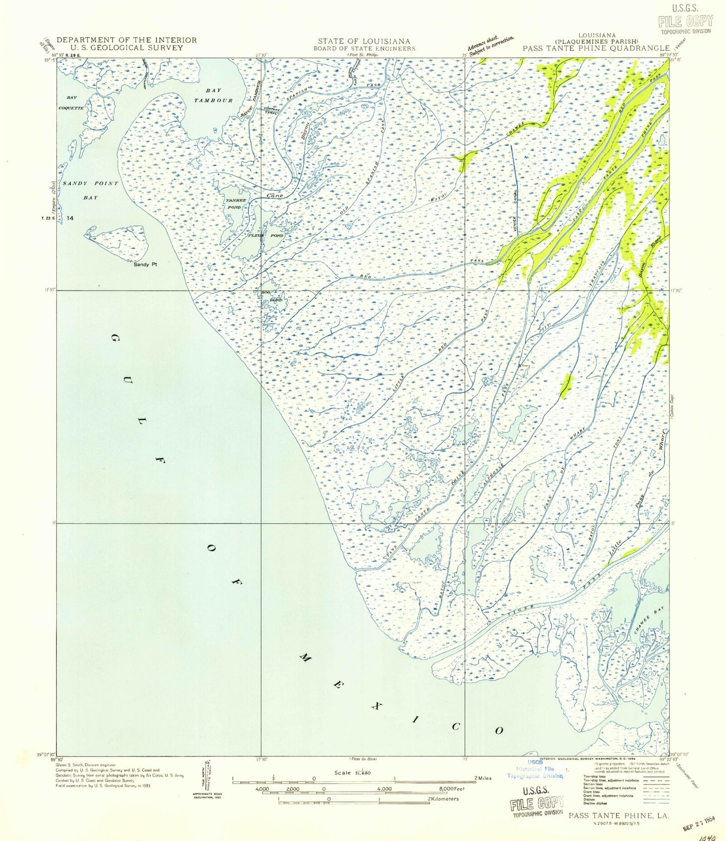 Classic USGS Pass Tante Phine Louisiana 7.5'x7.5' Topo Map Image
