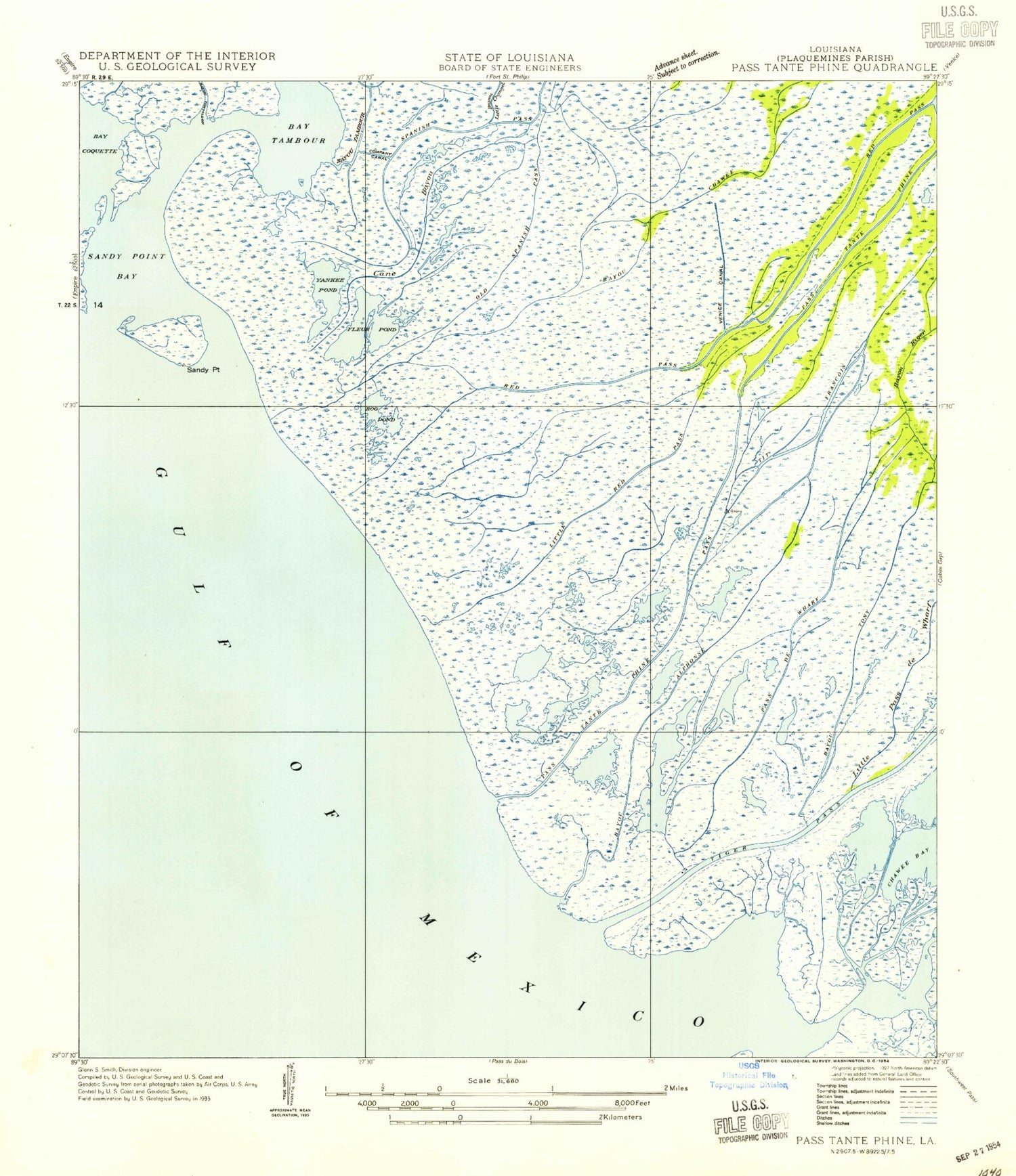 Classic USGS Pass Tante Phine Louisiana 7.5'x7.5' Topo Map Image
