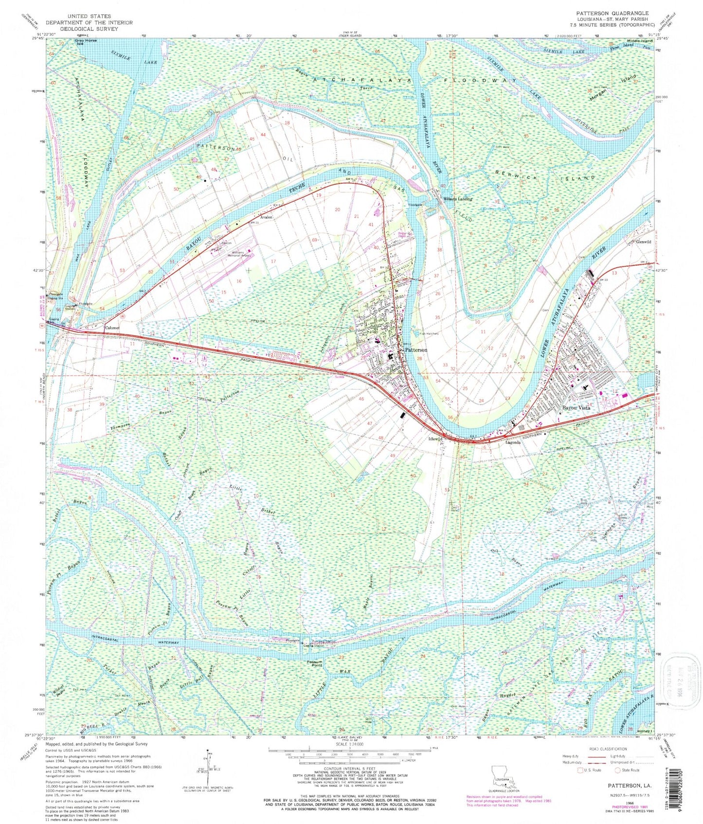 Classic USGS Patterson Louisiana 7.5'x7.5' Topo Map Image