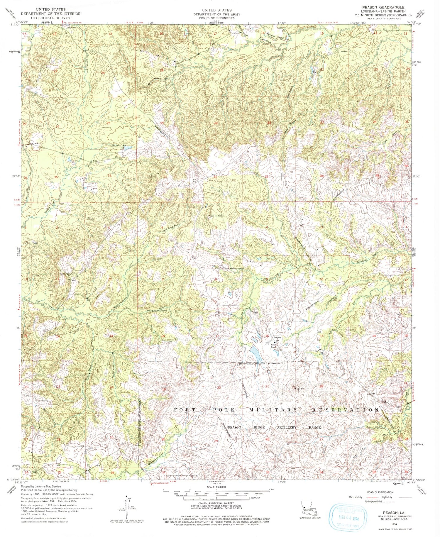 Classic USGS Peason Louisiana 7.5'x7.5' Topo Map Image