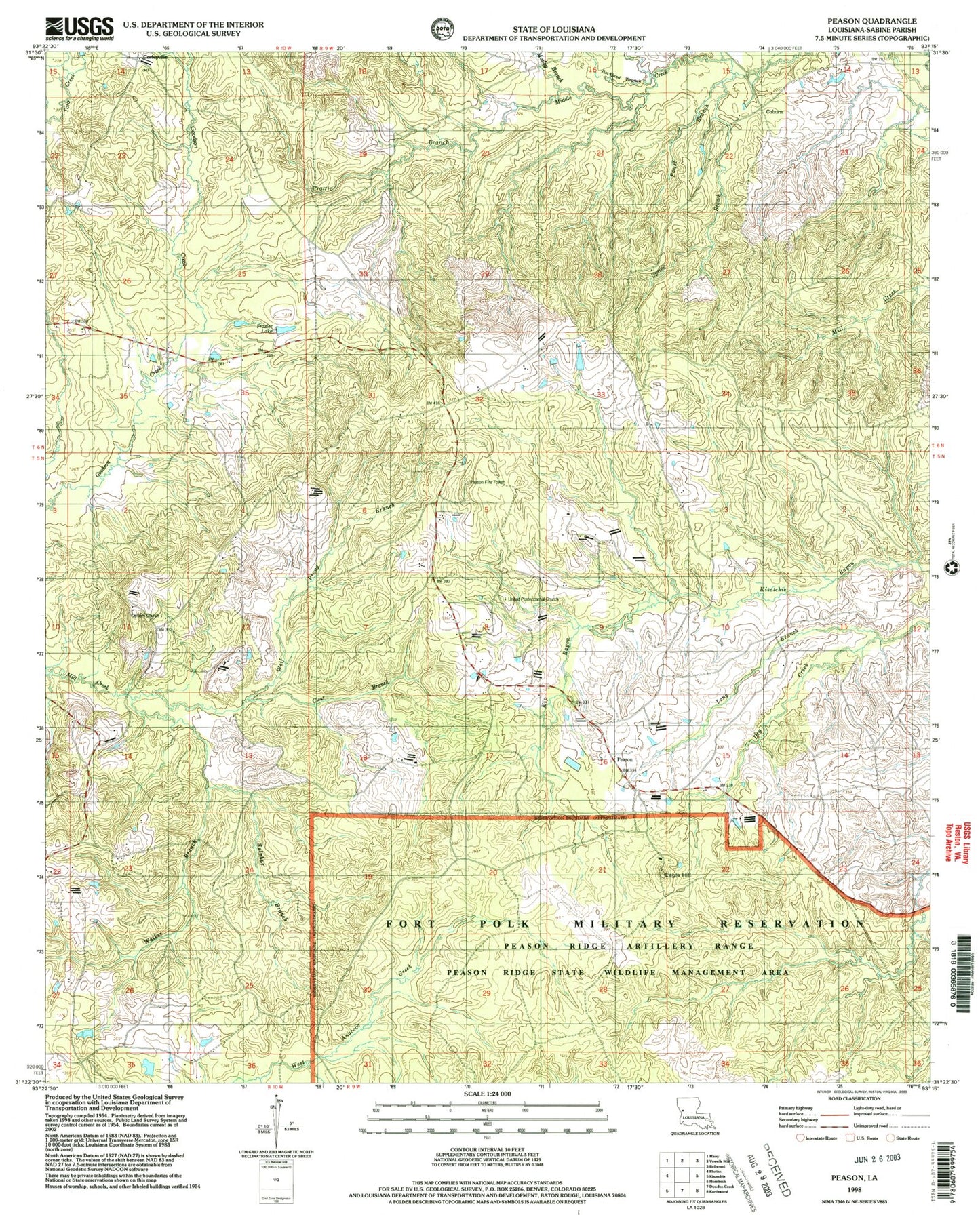 Classic USGS Peason Louisiana 7.5'x7.5' Topo Map Image